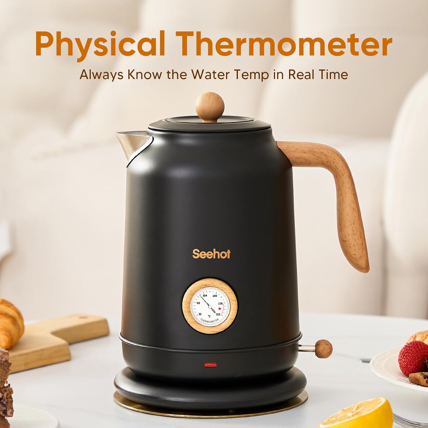 Detalle 2 de Seehot 1.7L Electric Kettle with Thermometer (1200W) – 304 Stainless Steel, Auto Shut-Off, Black