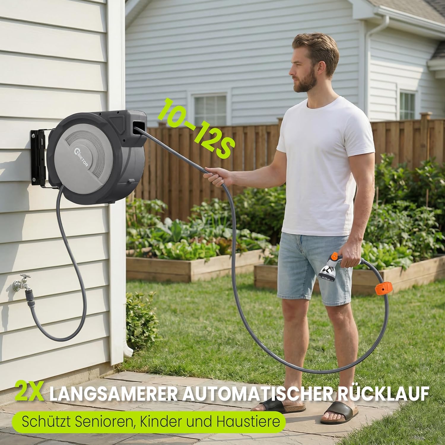 Detalle de Bietor Schlauchtrommel Wasser 45m + 2m – 180° Schwenkbare Wandhalterung, automatische Aufrollung mit 10‑Funktionen Sprühdüse