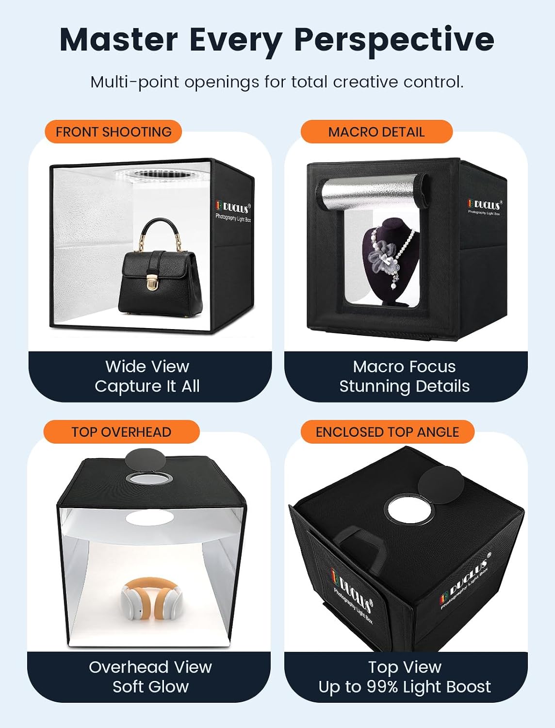 Detalle 2 de DUCLUS Light Box Photography 40cm (16" x 16") with 160 LEDs and 8 Backdrops for Product Photos