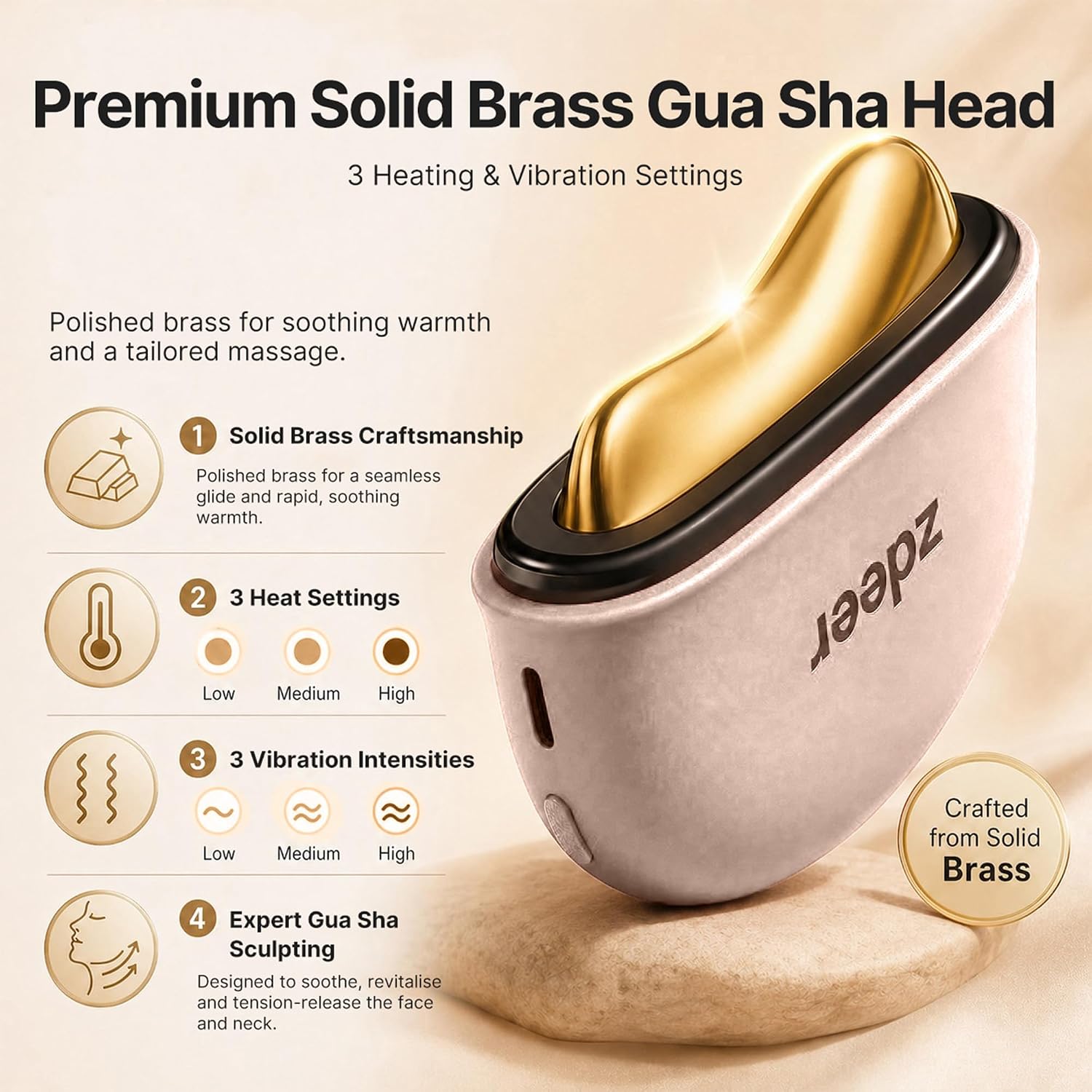Detalle de ZDEER GS5 Brass Electric Heated Gua Sha Facial Sculpting Tool with Vibration (Pink)