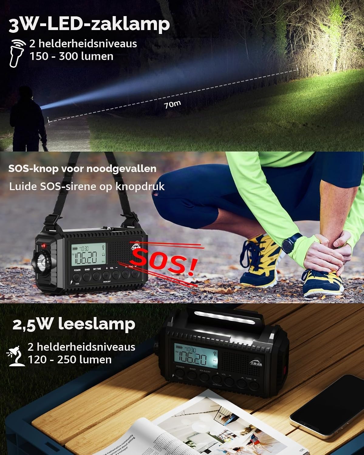 Detalle 1 de Roxicosly CR1009Ultra-Schwarz noodradio met 12.000 mAh, zonnepaneel en handslinger