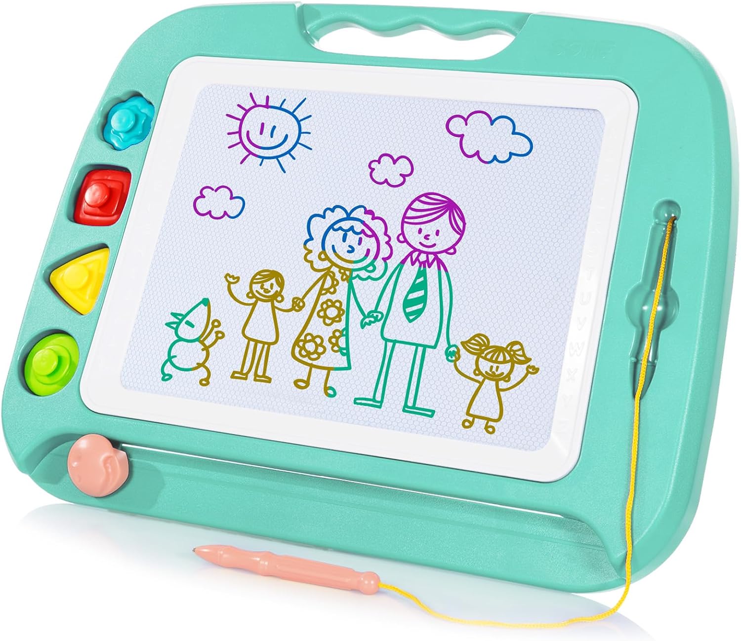 Detalle de SGILE große magnetische Maltafel „Zaubertafel“ für Kinder ab 2 Jahren, 42 × 32 cm (grün), inkl. Stift & 4 Stempeln
