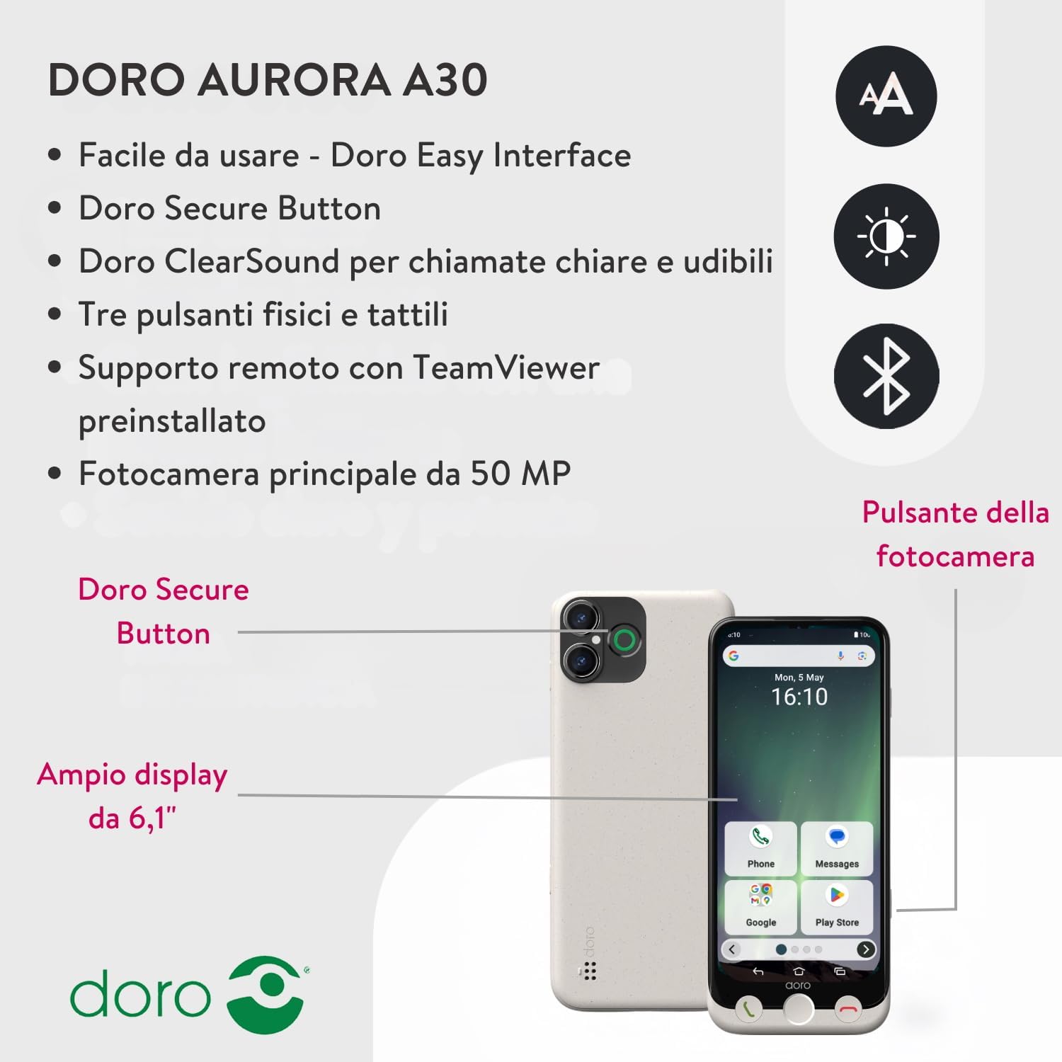 Detalle de Doro Aurora A30: telefono cellulare senior con assistenza GPS e suono chiaro