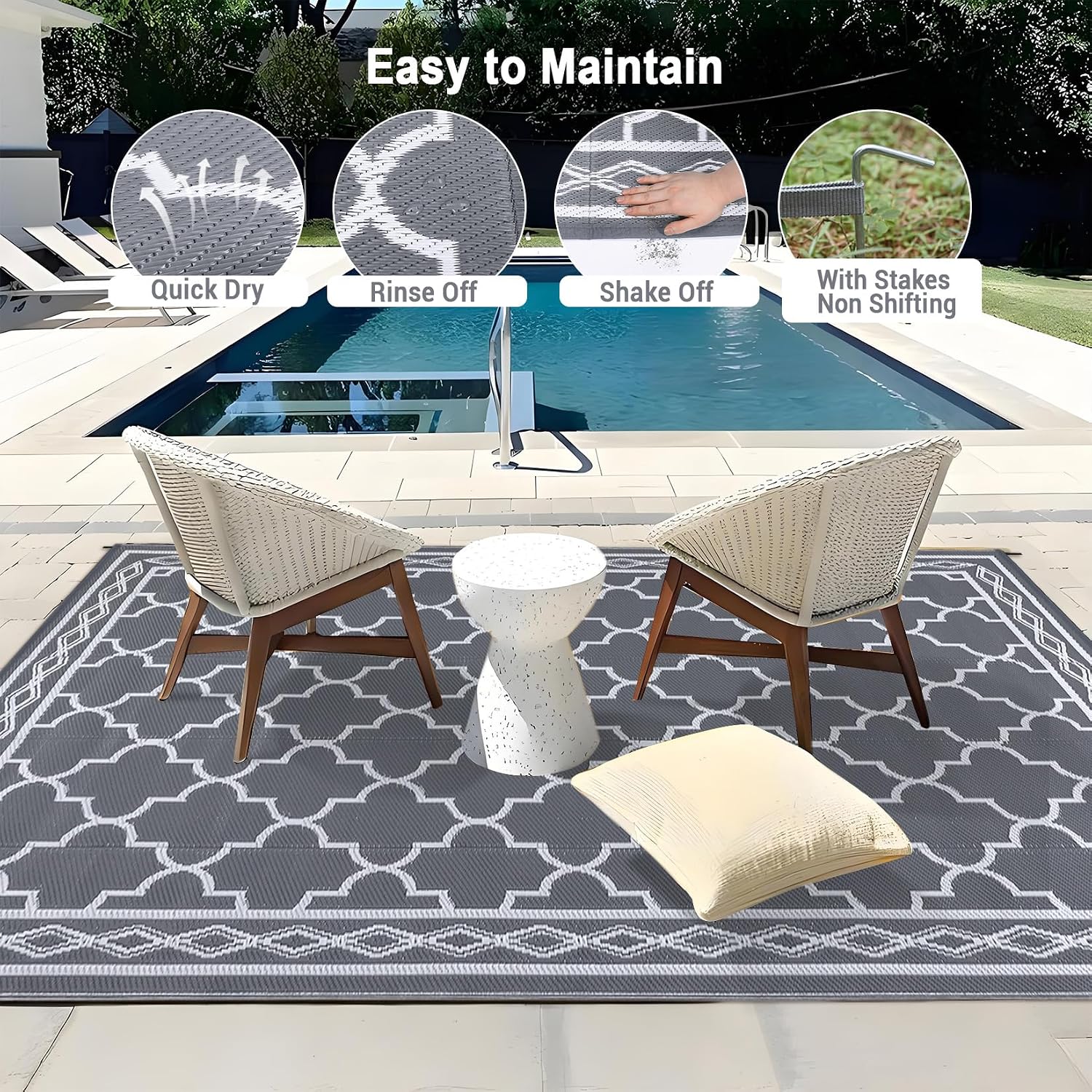 Detalle 2 de Waterproof Outdoor Plastic Straw Rug 150 x 240 cm – Modern Geometric Reversible Patio Rug