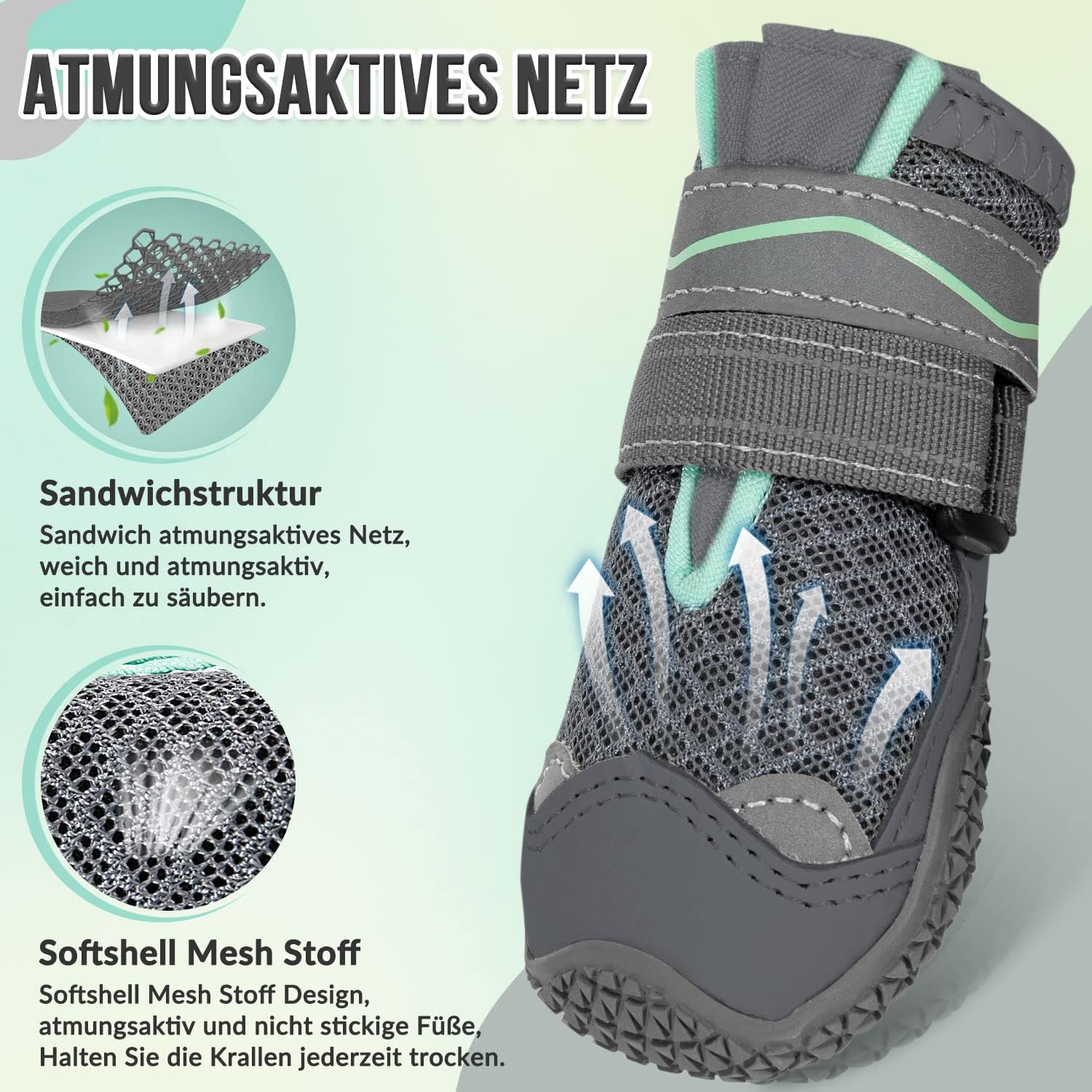Thumbnail 3 de Eyein Hundeschuhe Pfotenschutz – atmungsaktiv, rutschfeste Sohle, reflektierender Klettverschluss (4 Stück, Dunkelgrau, Größe 3)