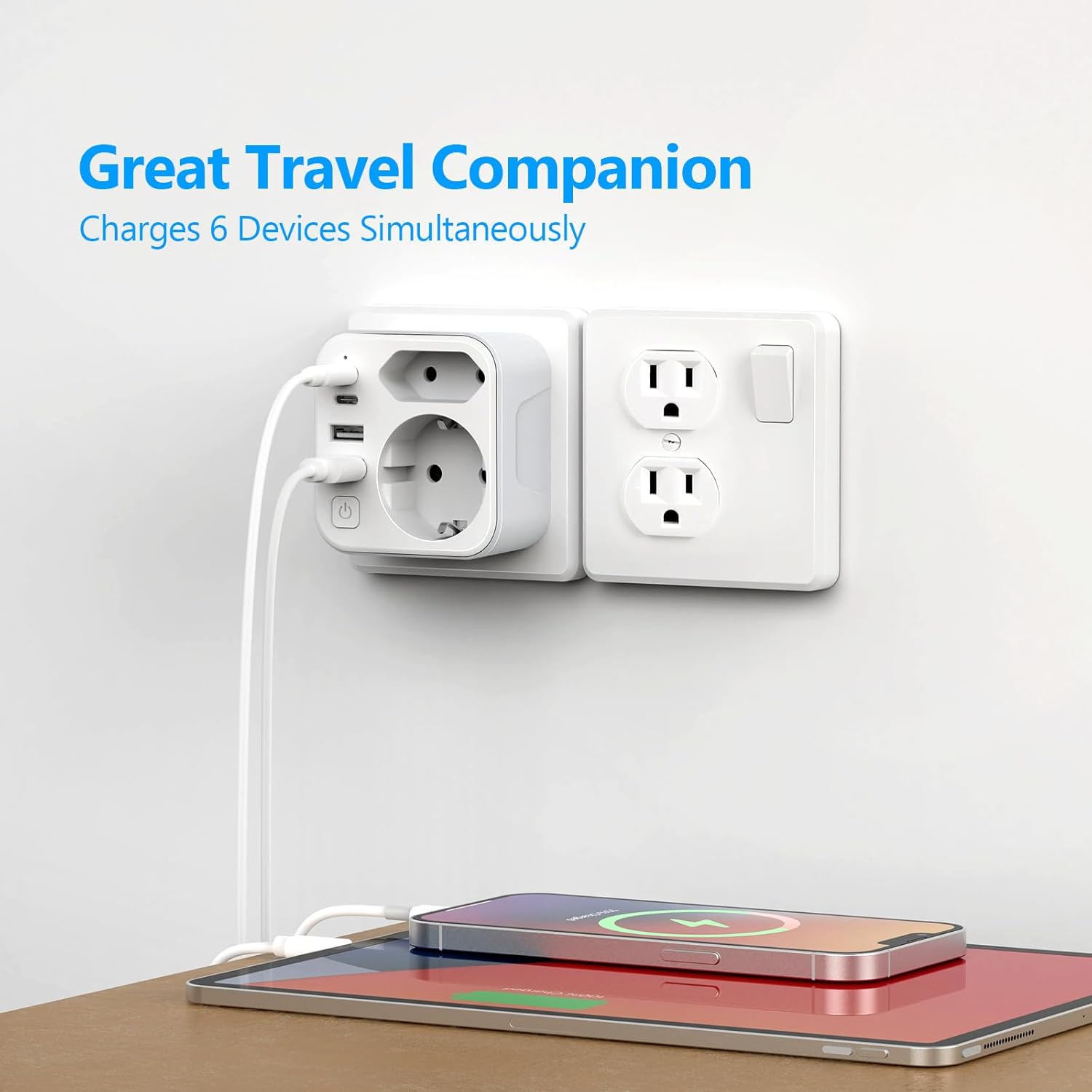 Thumbnail 5 de JSVER adaptateur voyage 6 en 1 pour États-Unis/Canada avec 2 USB-A et 2 USB-C (blanc)