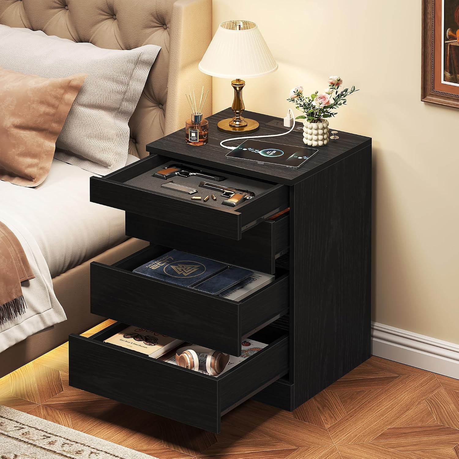 Thumbnail 2 de Yusong Black Oak Nightstand with Hidden Lock, 4 Drawers and Charging Station