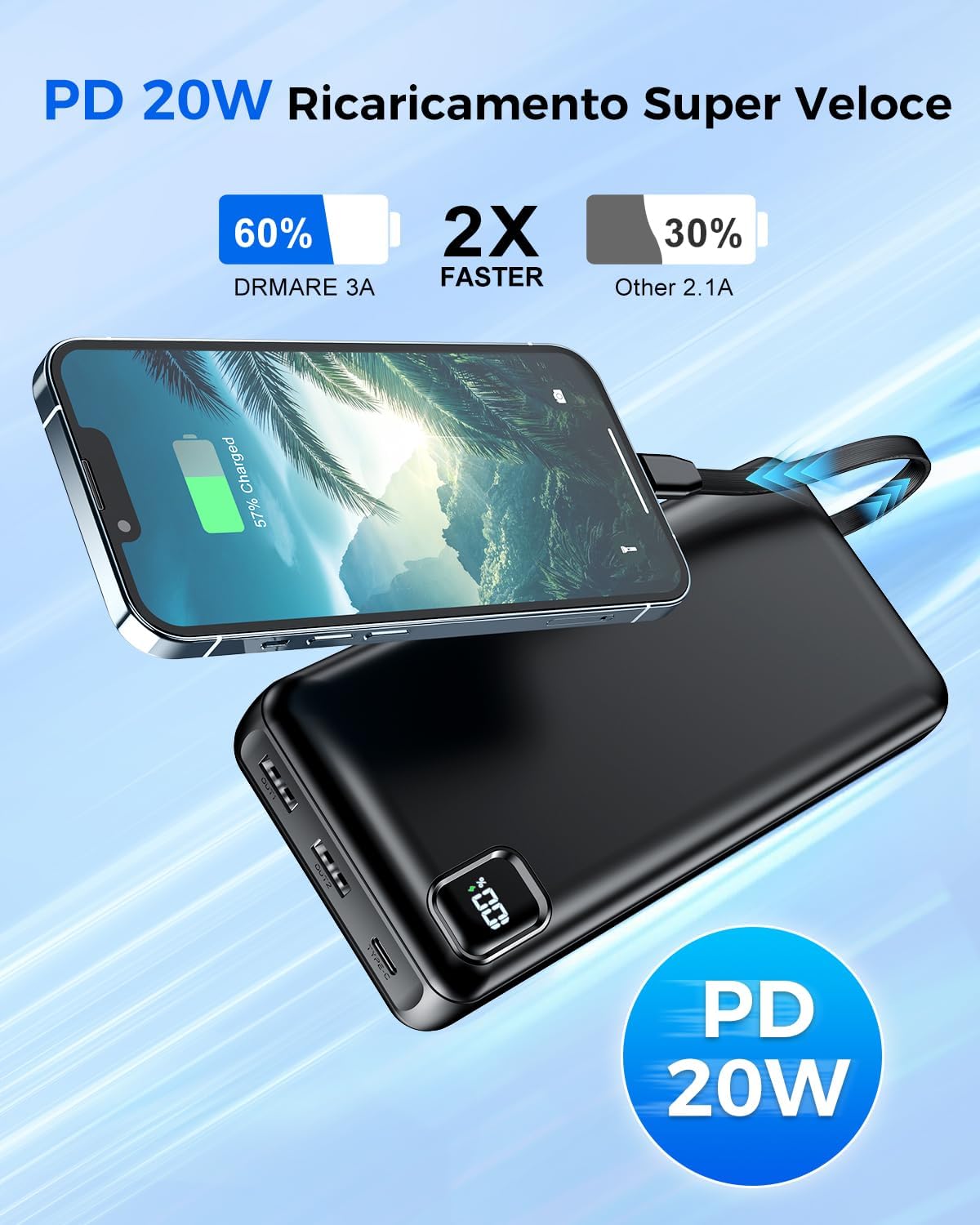 Thumbnail 2 de DRMARE Powerbank da 50000 mAh con 30W PD, 5 uscite e 2 ingressi con cavi integrati