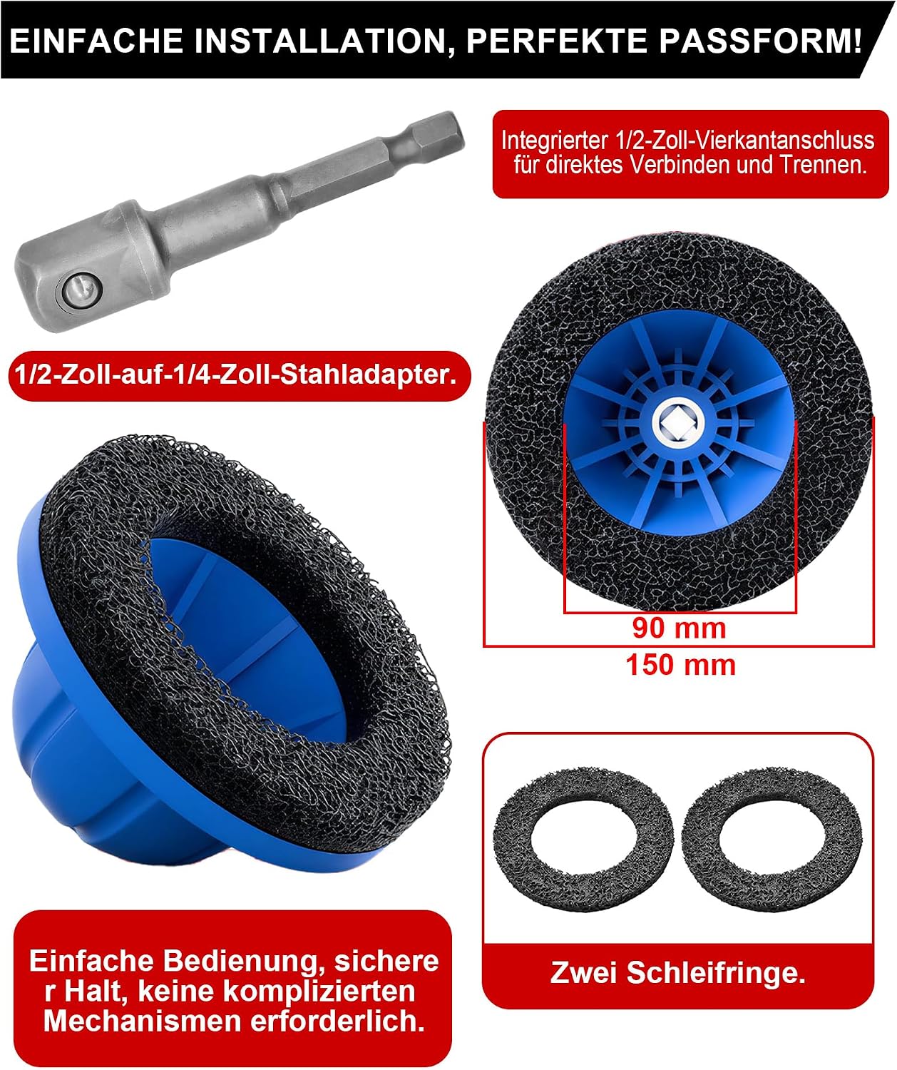 Detalle de GWAEPU 4-Teiliges Radnabenschleifer Auto – Innen Ø 90 mm, Außen Ø 150 mm, 1/2" Vierkantantrieb