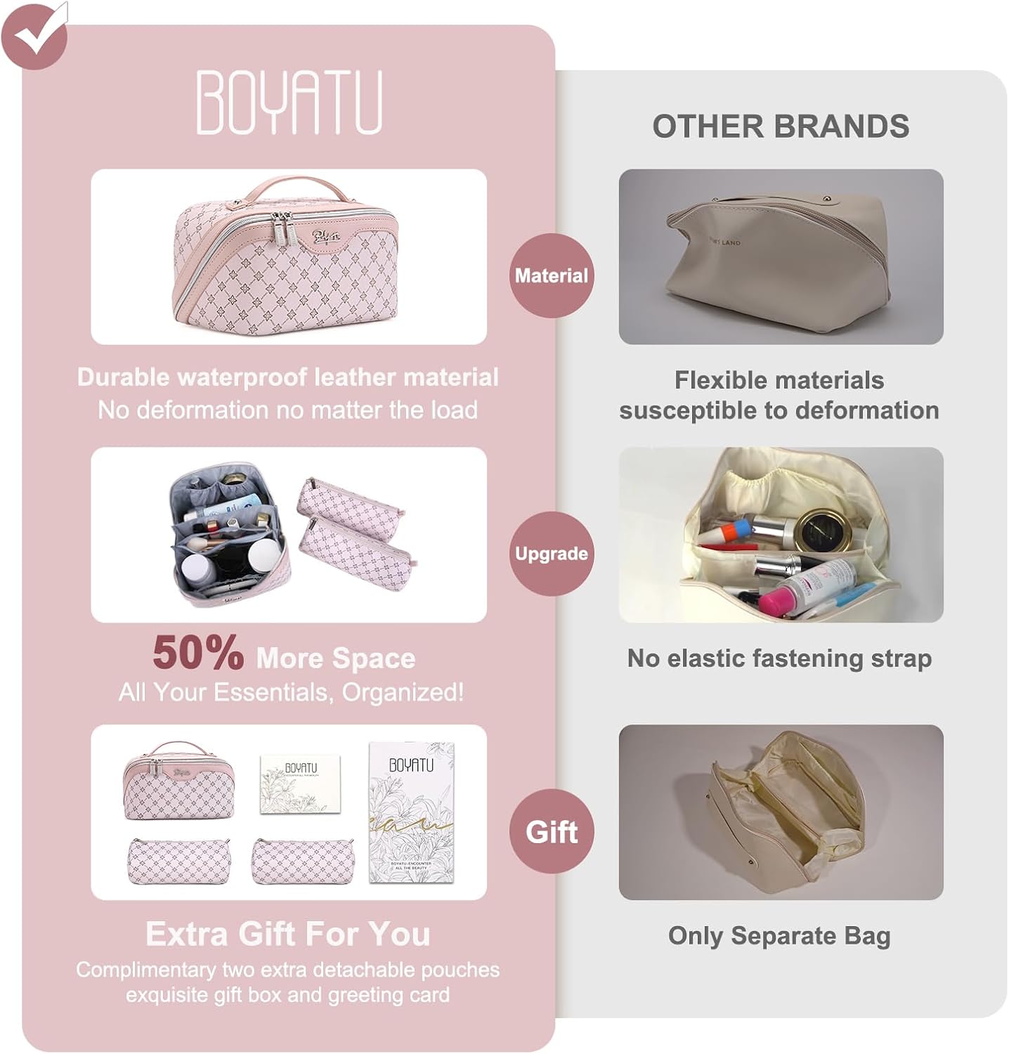 Thumbnail 2 de BOYATU Travel Makeup Bag Set (3-Piece) – Large Capacity, Vegan Leather, Pink