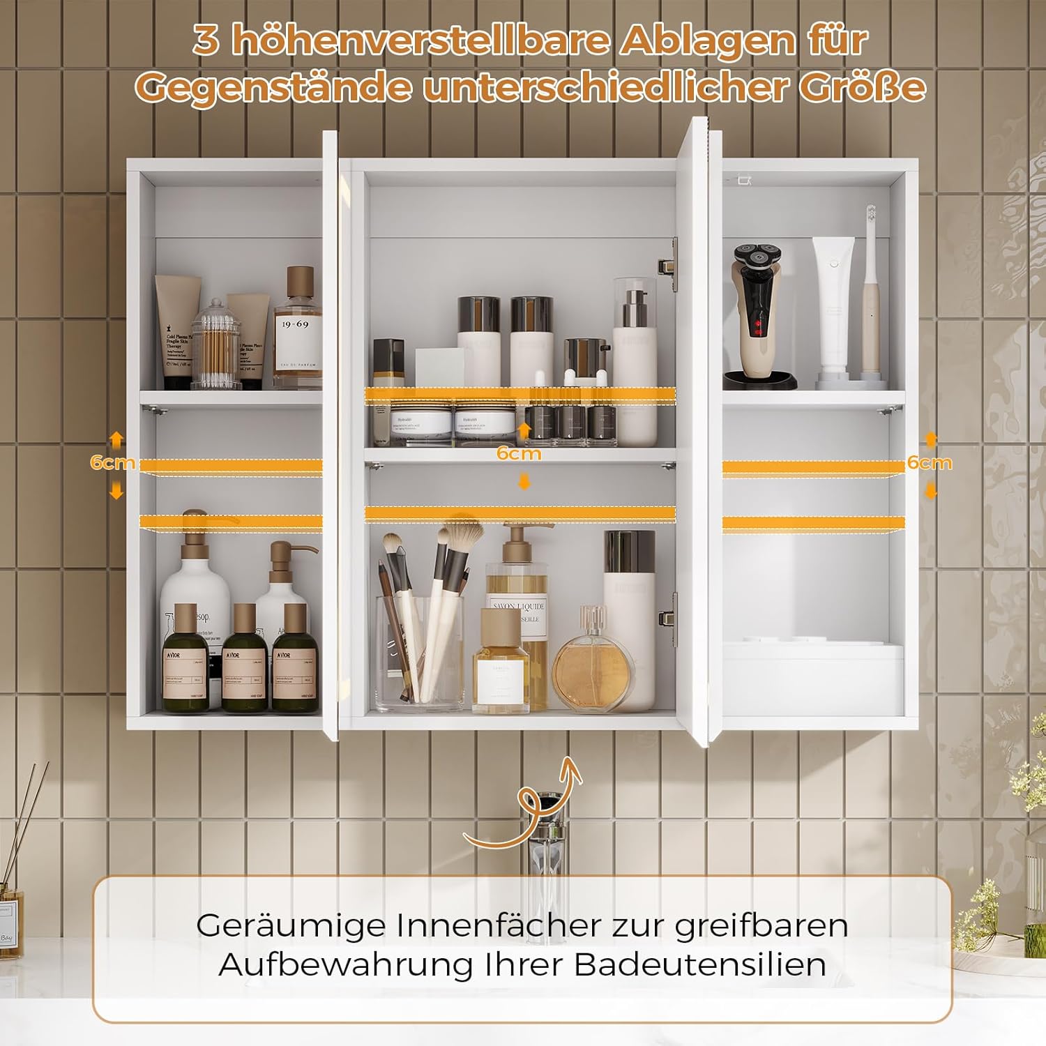 Thumbnail 5 de mojiasion Spiegelschrank fürs Bad mit LED, Touch-Dimmer, Steckdose & 3 verstellbaren Regalen (60×80×16 cm)
