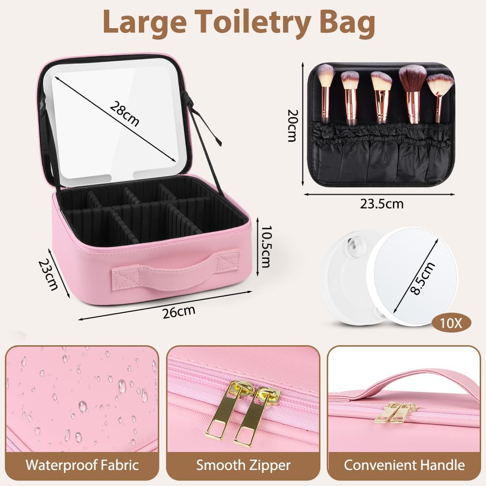 Detalle 2 de OSDUE Trousse de Maquillage avec Miroir Lumière – Trousse de Voyage 3 Couleurs LED, Grand Capacité, Rose
