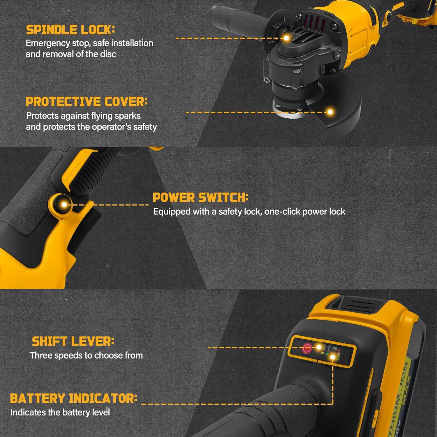 Detalle de Smerigliatrice angolare a batteria 125 mm per DeWalt 20 V MAX (brushless) – 3 velocità, leggera e professionale