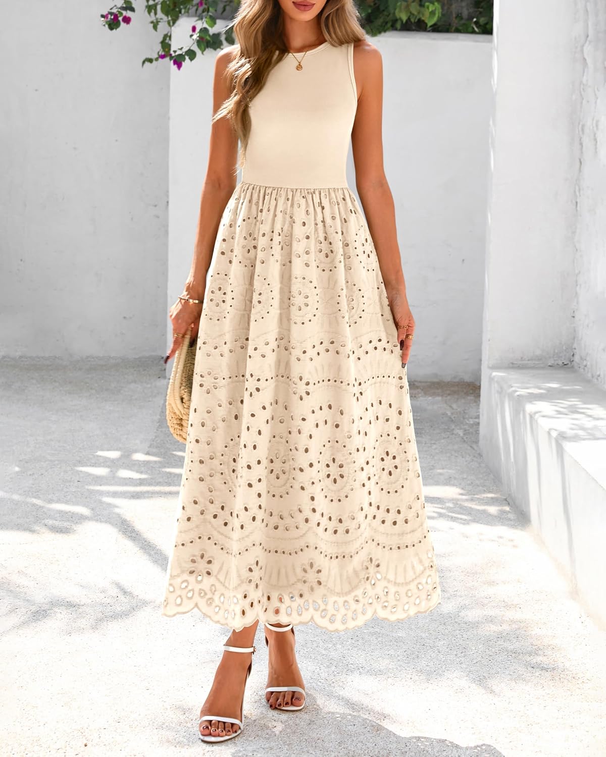 Detalle de Dowerme Summer Lace Eyelet Maxi Dress with Pockets – Boho Cotton Sleeveless A-Line