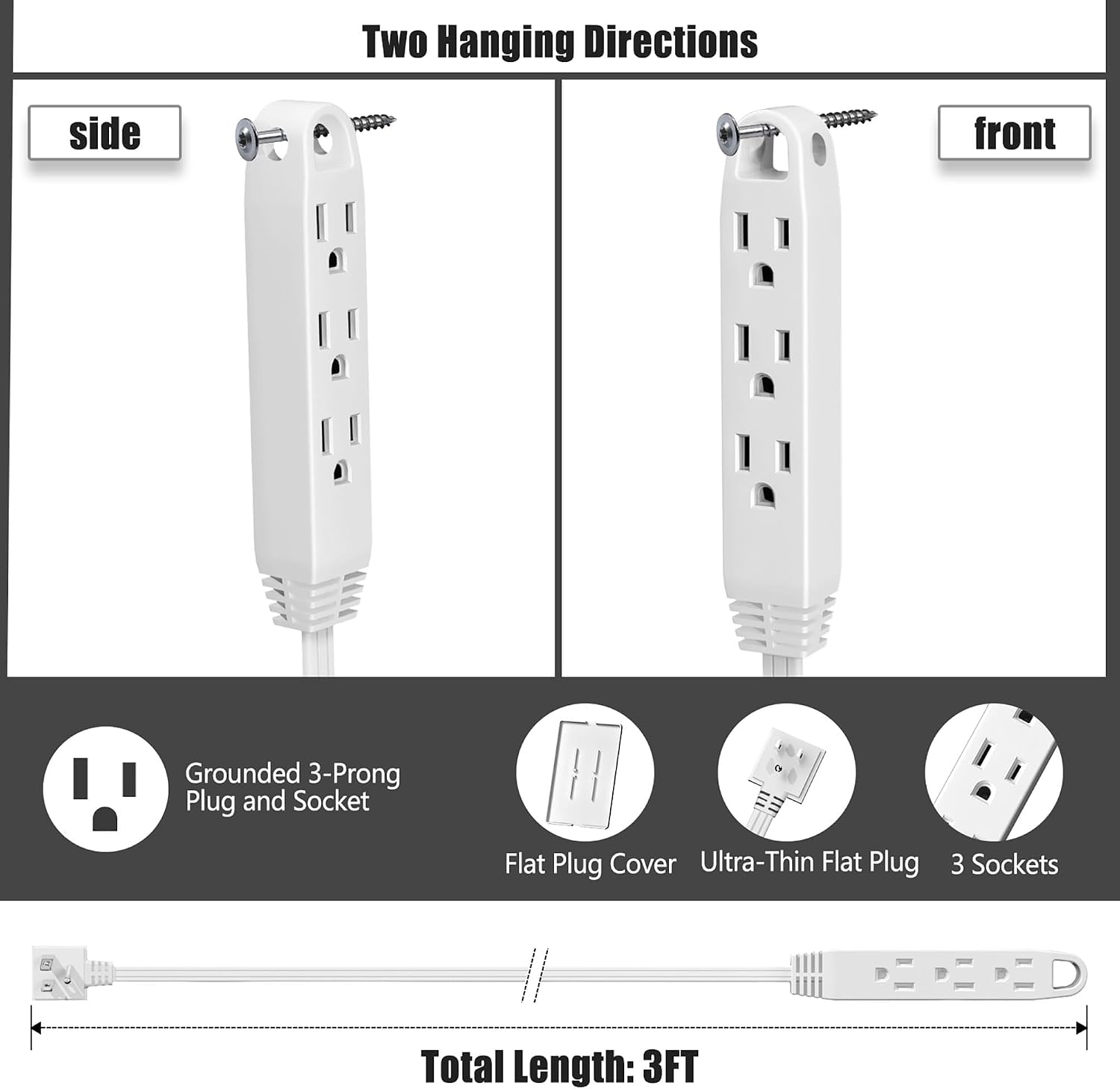 Detalle 2 de CABOCASA 2 Pack 3ft Flat Plug Extension Cord with 3 Outlets and Detachable Ultra-Thin Outlet Cover
