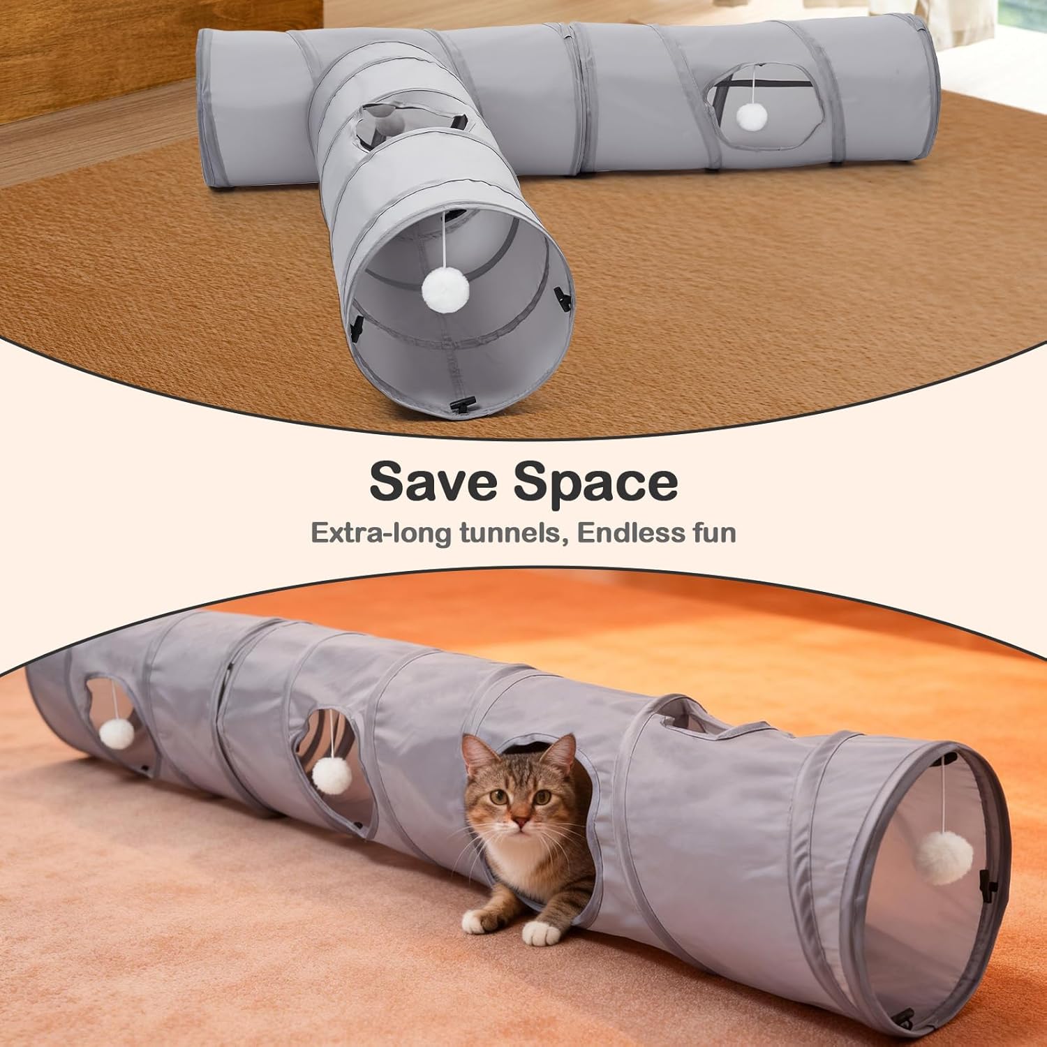 Thumbnail 2 de Odoland Large Cat Play Tunnels (3 Straight Tunnel DIY, Foldable, 90cm) – Grey