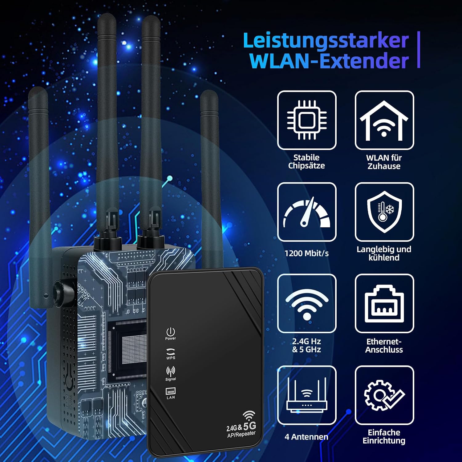 Detalle de WLAN-Verstärker Ultraxtender 1200 Mbit/s – Dualband mit LAN, 4 Antennen, bis zu 9200 ft²