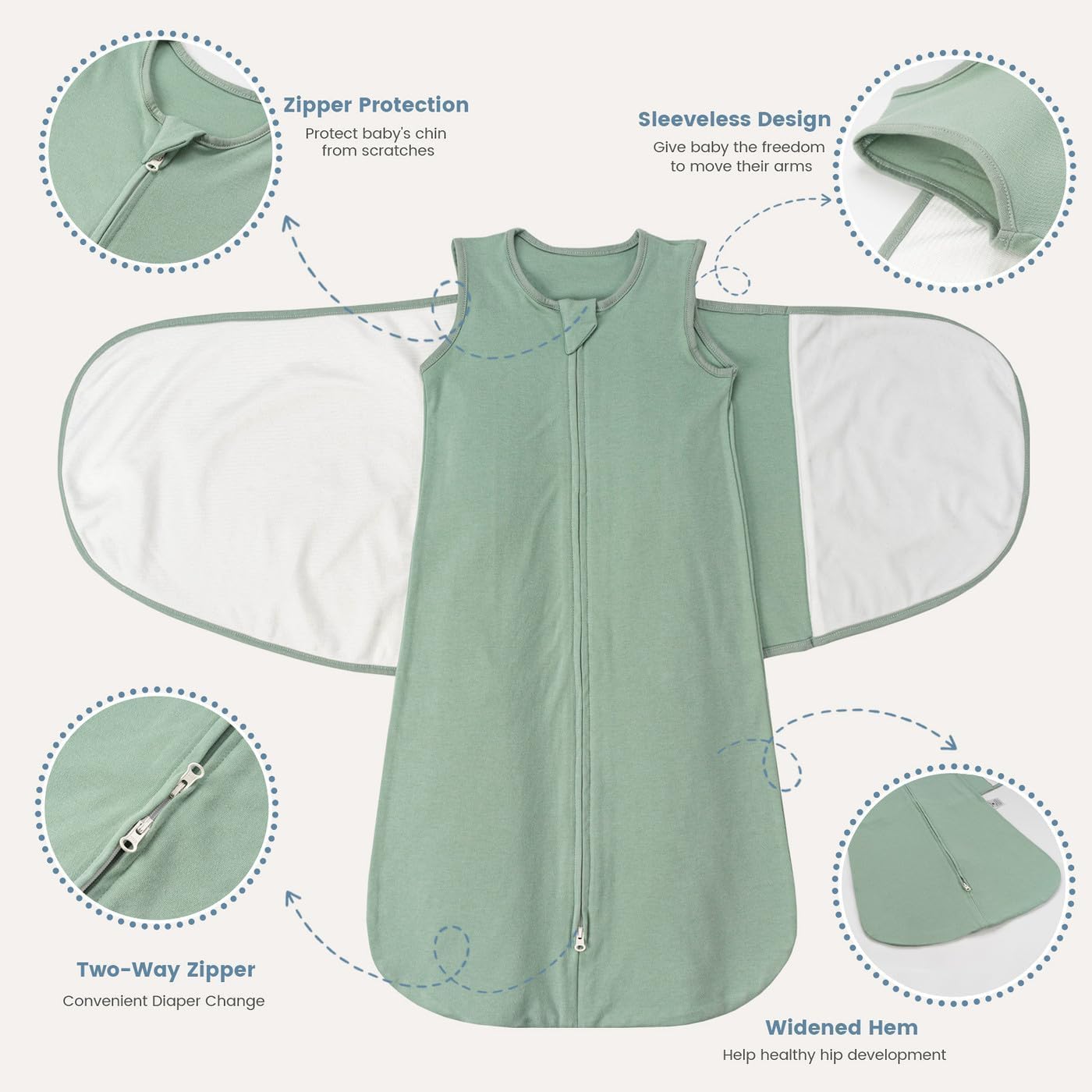 Detalle de ZIGJOY Newborn Sleeping Bag Swaddle Wrap 1.0 TOG – 100% Cotton Baby Sleep Sack (Small 0–6m, Medium 6–12m), Green