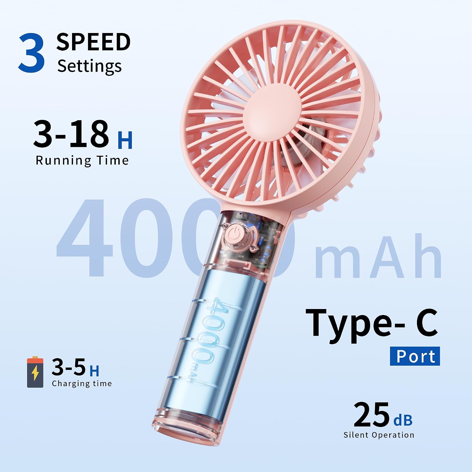 Detalle de Morelax Handheld Fan – USB Rechargeable Mini Portable Fan with Base (Pink)