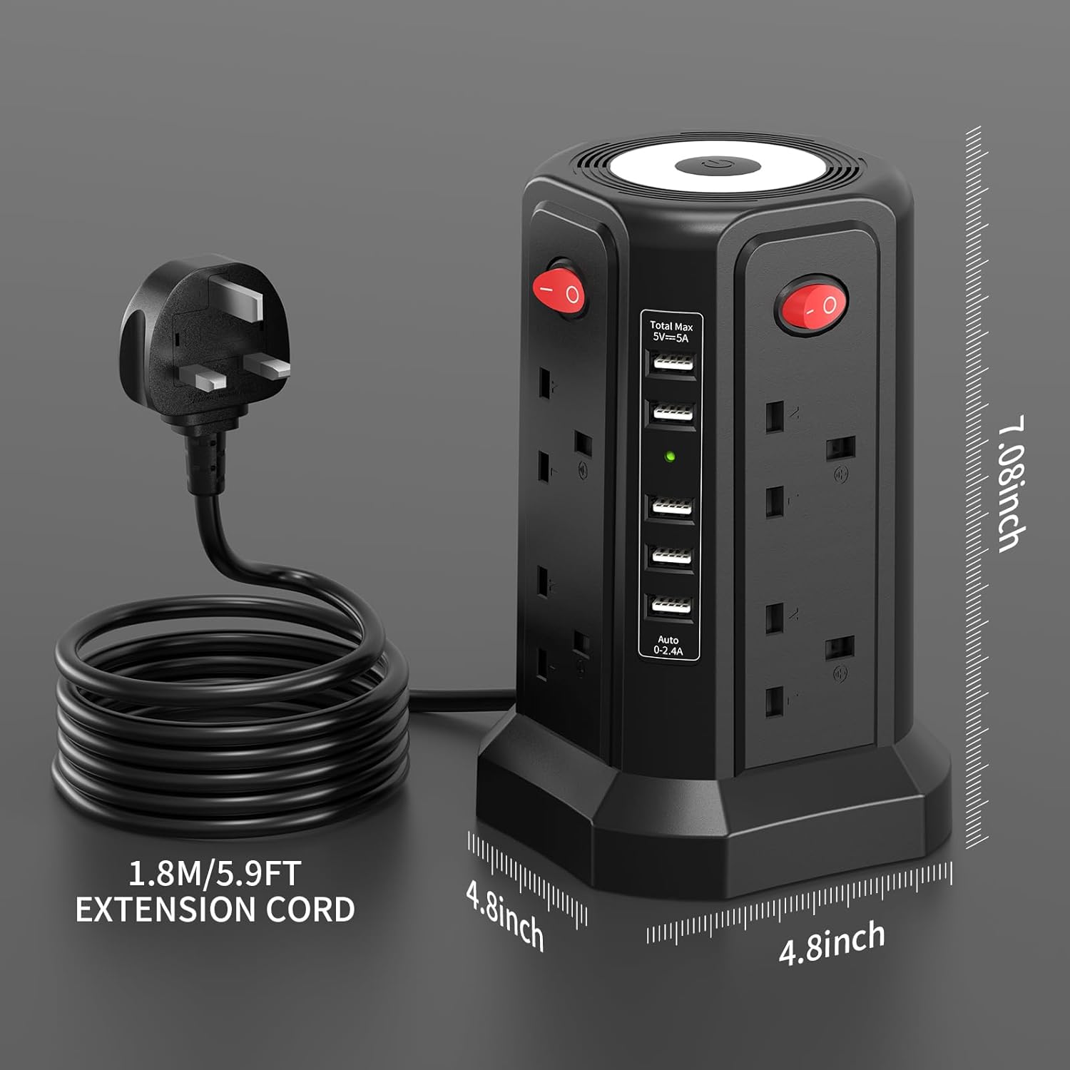 Thumbnail 4 de Tower Extension Lead 8‑way 5 USB 3250W surge protector 🔌