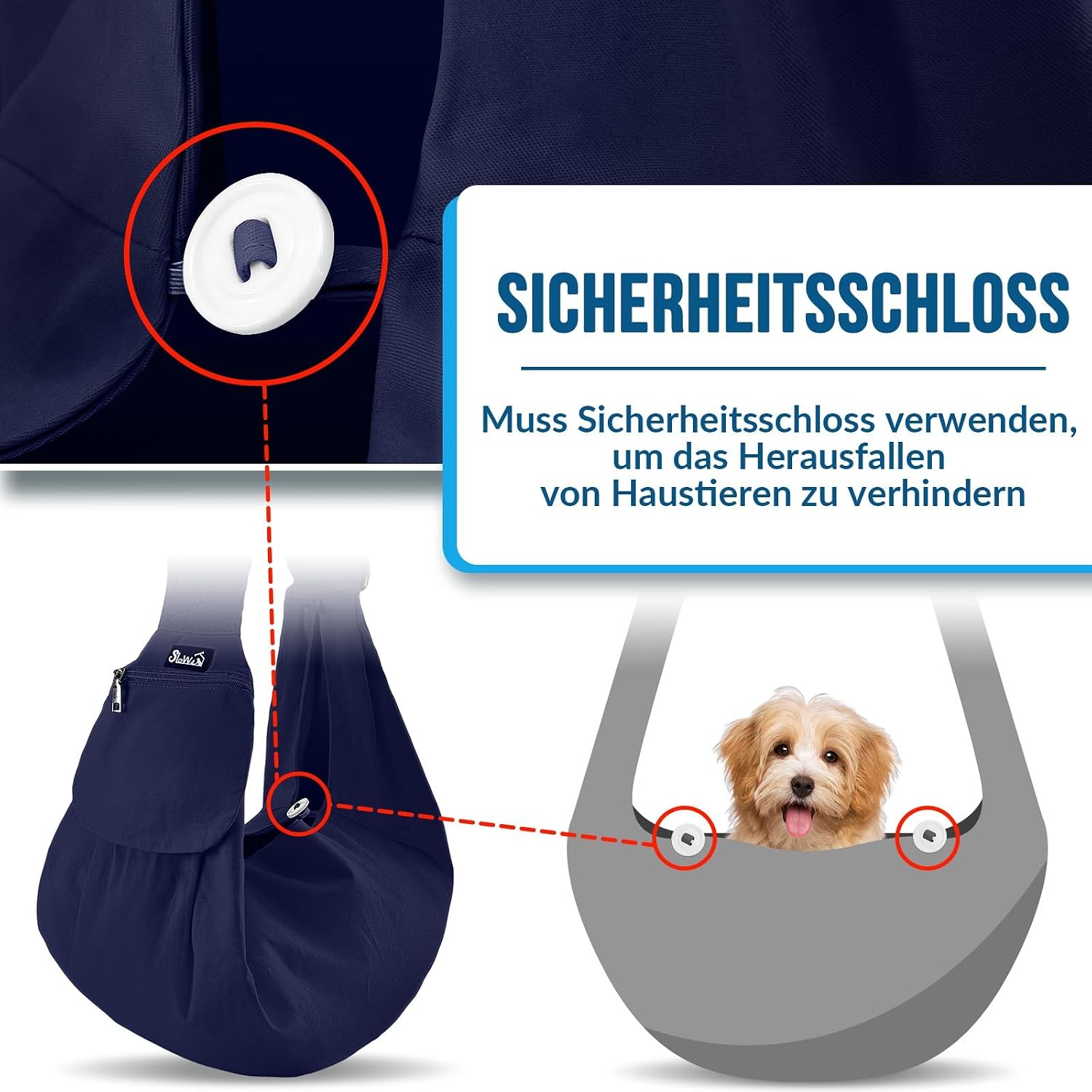 Detalle de SlowTon Hundetragetasche Sling Carrier – dunkelblau, gepolsteter und verstellbarer Schultergurt (L, für 4,5–7,2 kg)