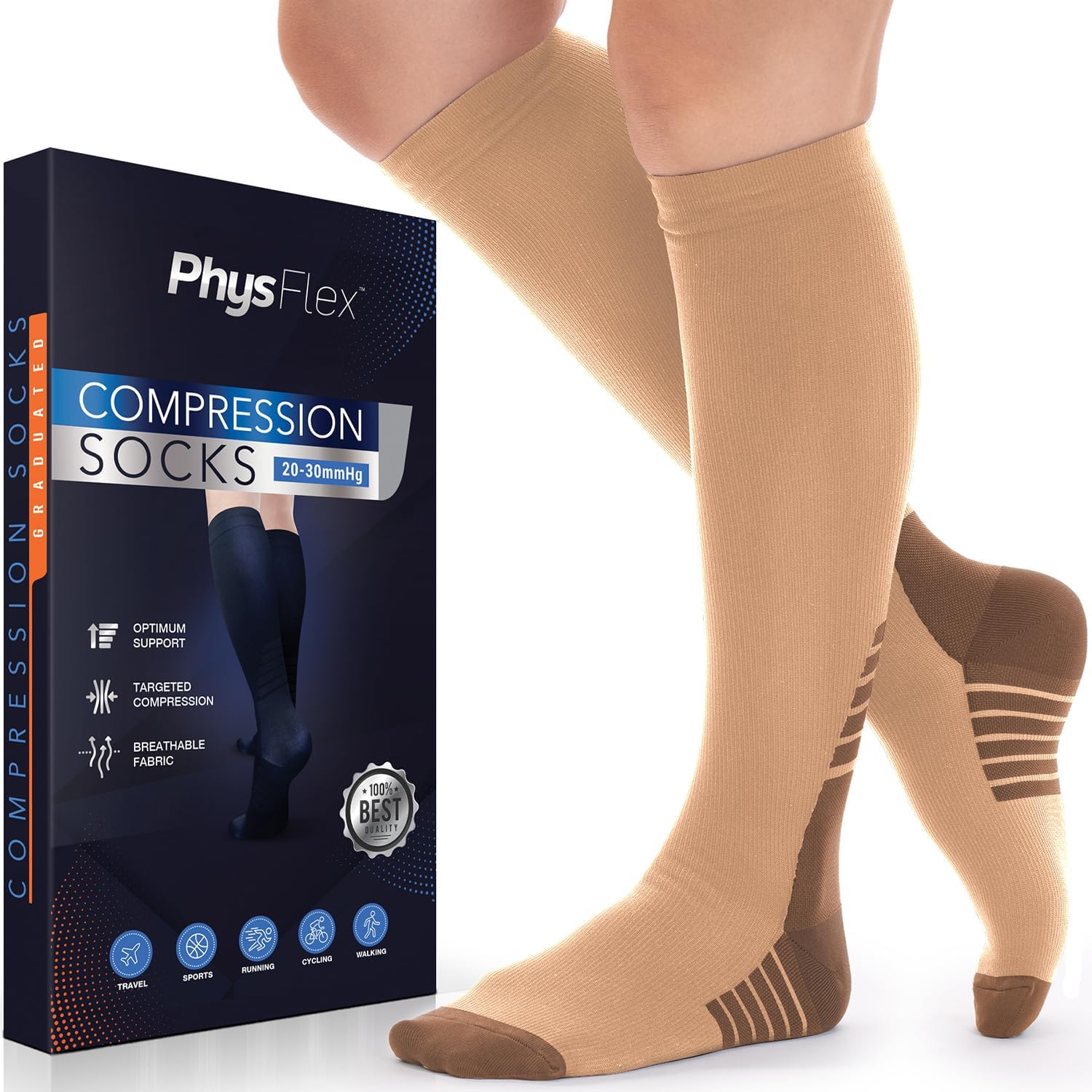 Detalle de PhysFlex Graduated Compression Socks, Knee-High Support for Running, Travel and Pregnancy
