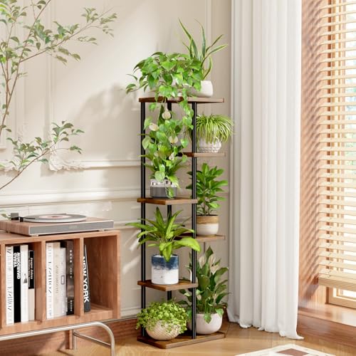 Detalle de Bamworld: Soporte alto para plantas de interior de 6 niveles en color marrón para varias macetas