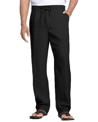 Detalle de Cegerne Pantaloni di Lino Uomo Estivo Nero, Vita Elastico con Zip e Coulisse – Taglia L