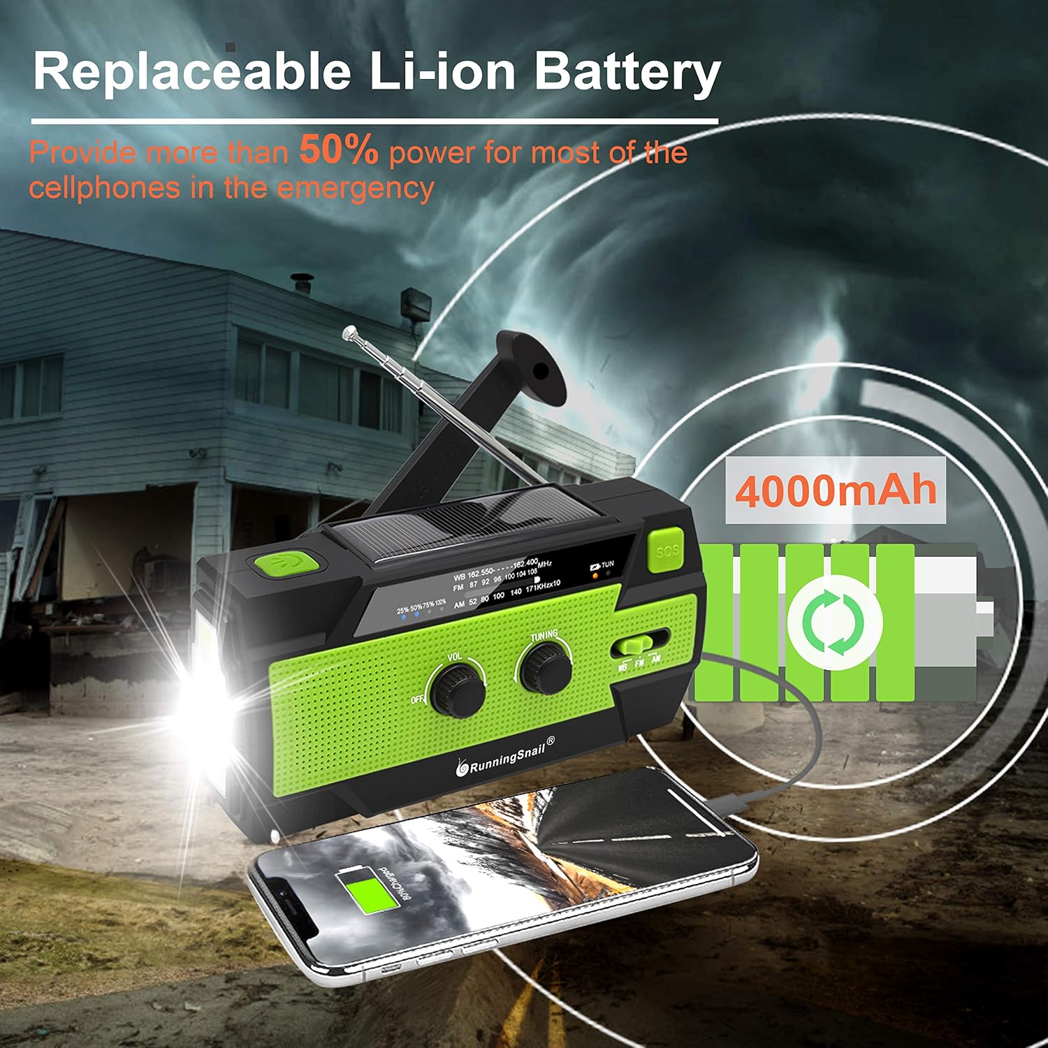 Detalle de RunningSnail 090PG Emergency Crank Radio, NOAA/AM/FM, 3-Mode Flashlight