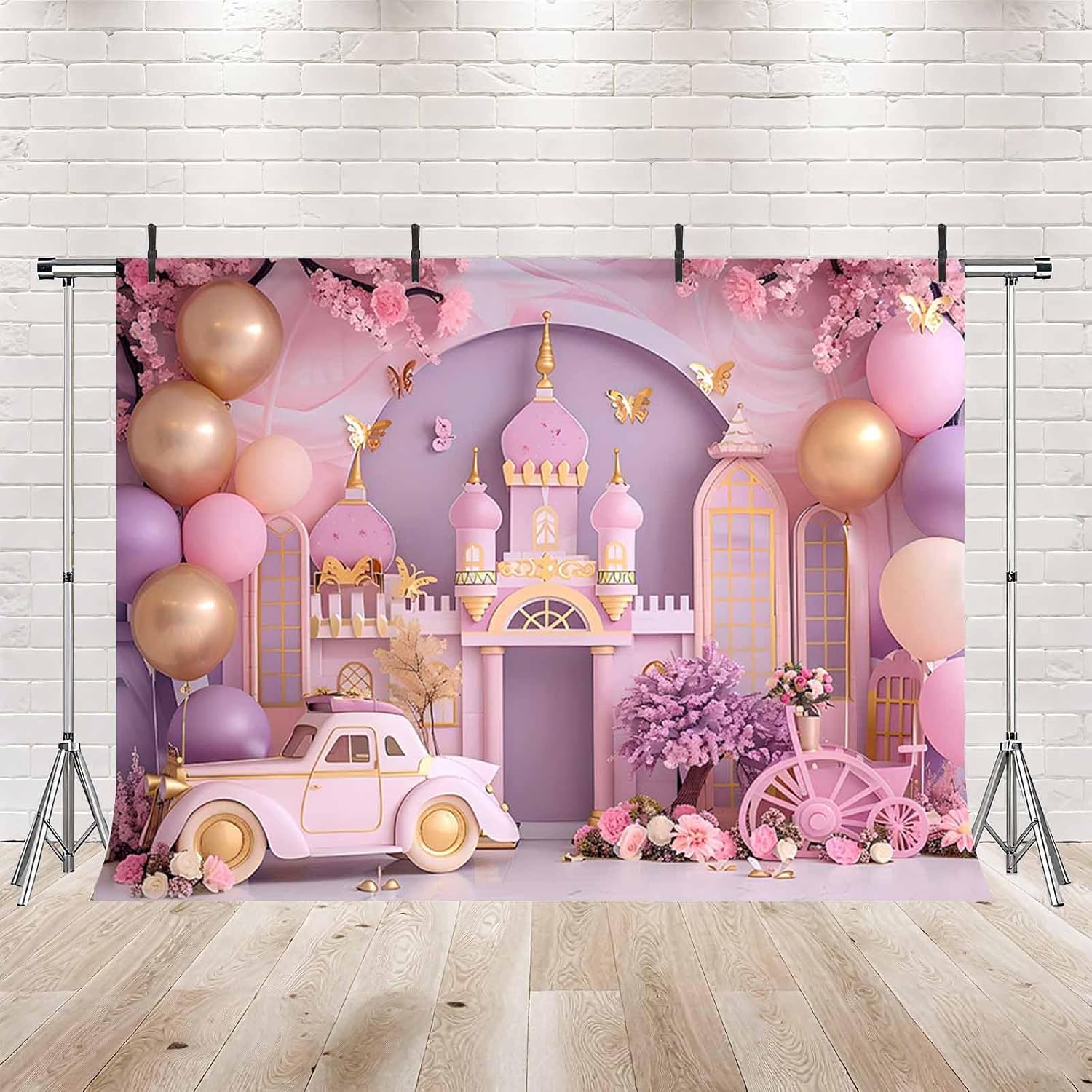 Thumbnail 1 de MEHOFOND 8x6ft Girl Birthday Photography Backdrop (Pink Balloon Castle & Floral Design)