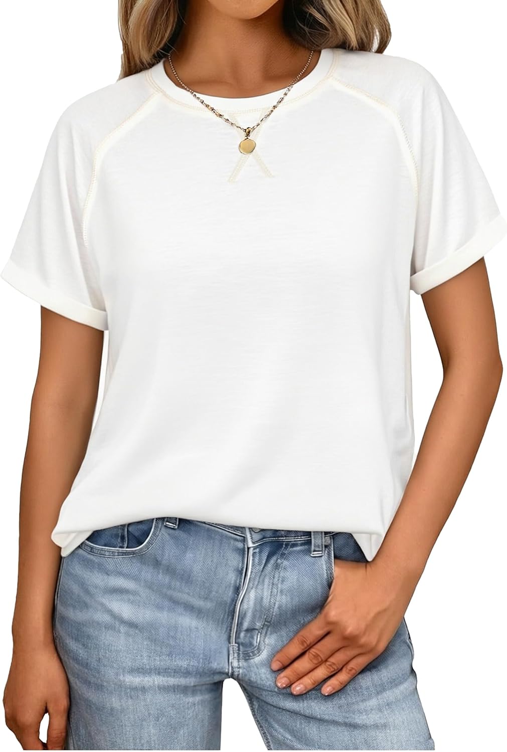 Detalle de Litherday T Shirt Femme Été Col Rond – Basique et Fluide, Manches Courtes en Coton