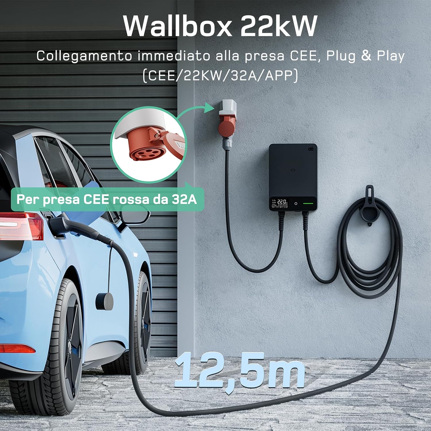 Detalle de dé Wallbox 22kW per ricarica auto elettriche con APP e RFID, trifase, Tipo 2, cavo 12,5 m, IP54 e RCD Tipo B