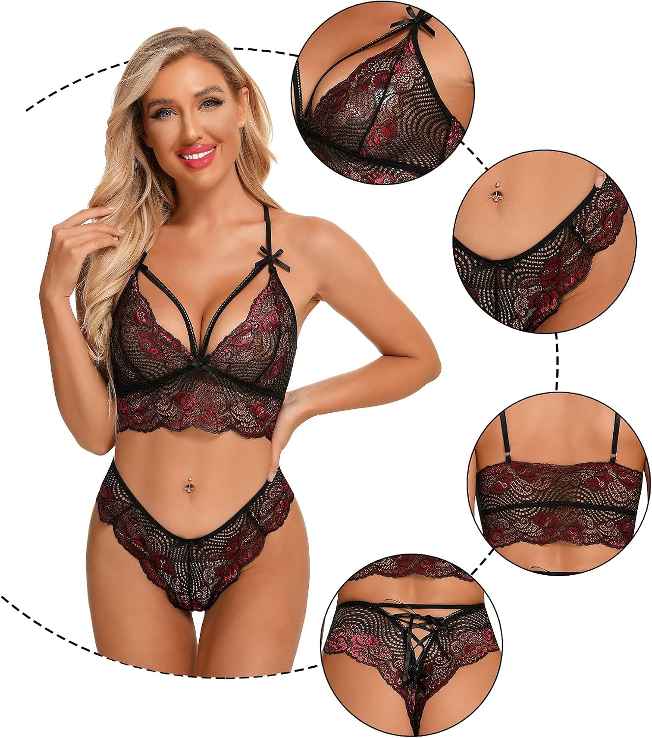Thumbnail 2 de RSLOVE Ensemble de lingerie femme dentelle et strappy (soutien-gorge + culotte) en 2 pièces