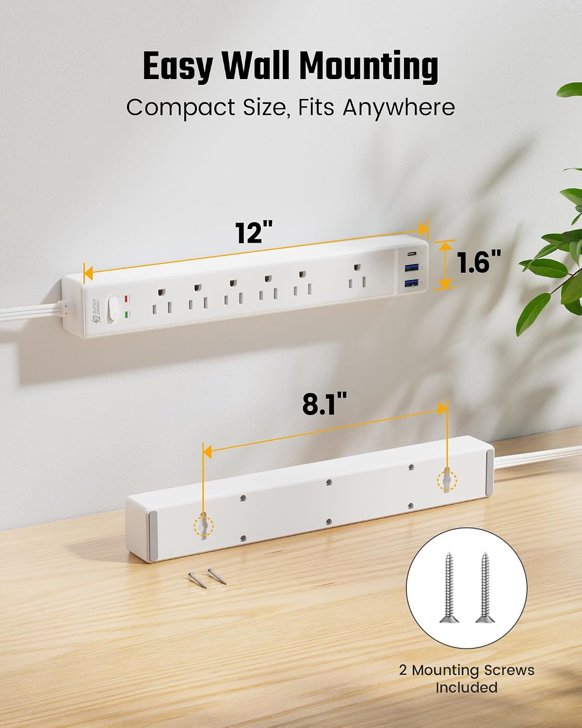 Thumbnail 6 de SUPERDANNY 10 Ft Flat Plug Power Strip 6-Outlet 3-USB 🔌