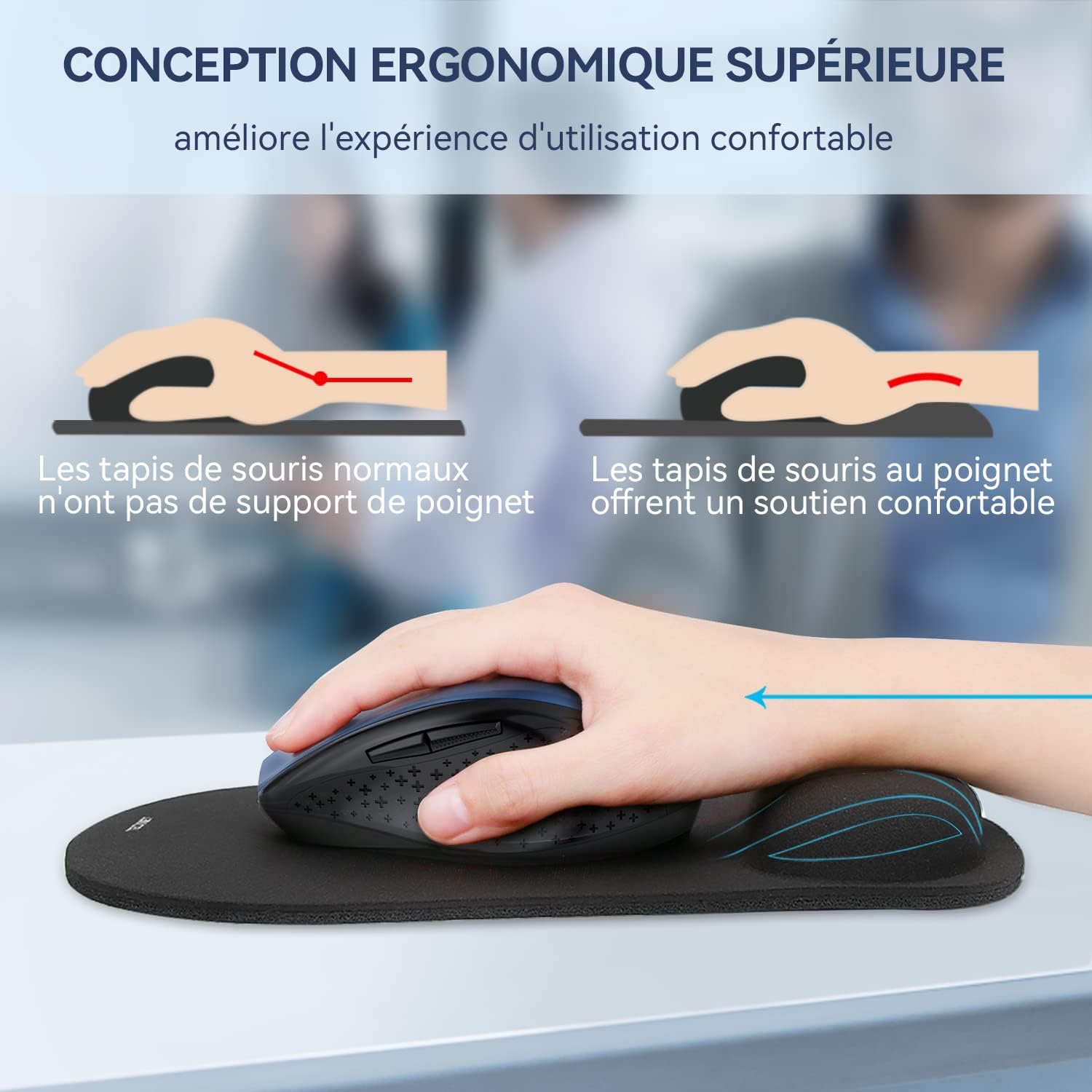Detalle 2 de TECKNET Tapis de souris ergonomique avec repose-poignet et mousse à mémoire de forme (24 x 21,5 x 2,5)