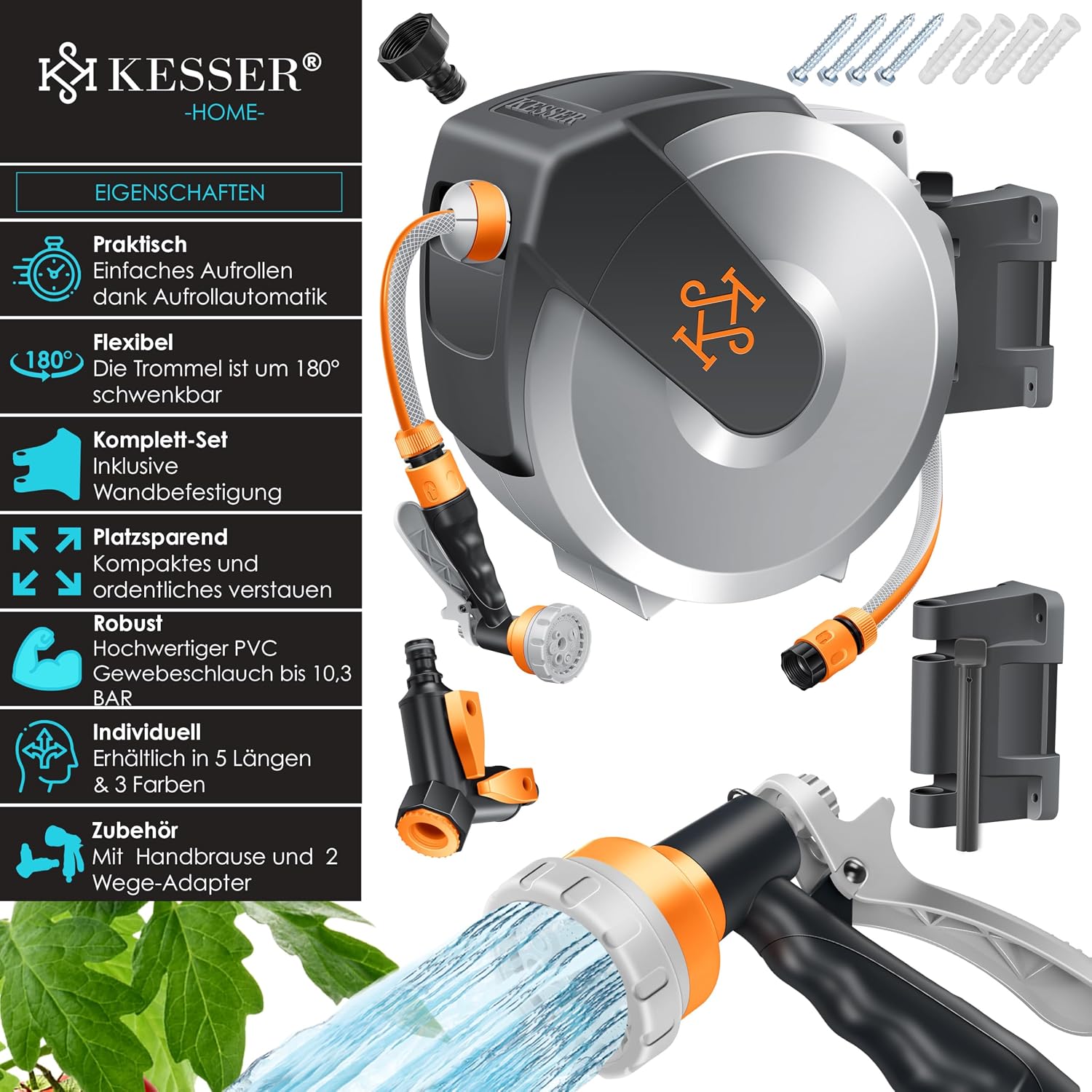 Thumbnail 1 de KESSER® Schlauchtrommel 20 m – Wandmontage, 180° Schwenk, automatische Aufrollfunktion, inkl. Handbrause
