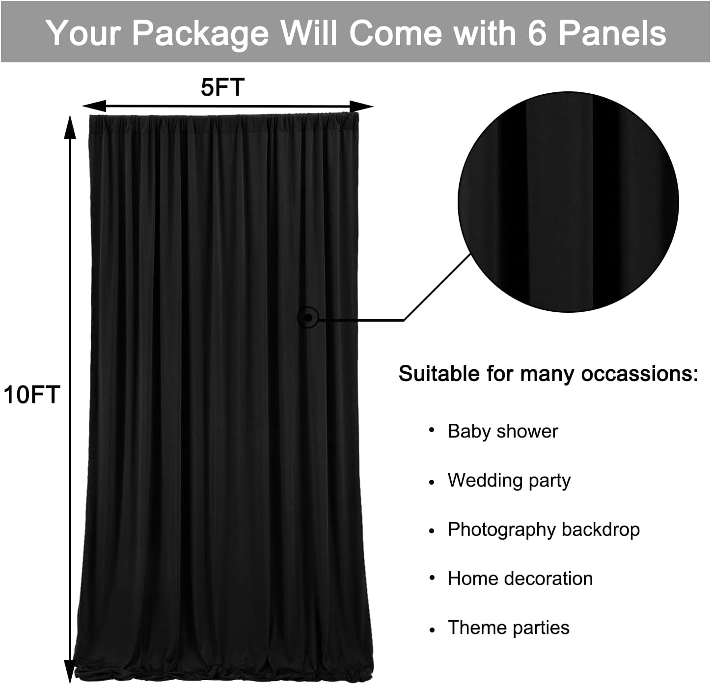 Thumbnail 5 de 30ft x 10ft Wrinkle-Free Black Backdrop Curtain for Parties (6 Panels, 5x10ft Each)