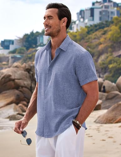 Detalle de COOFANDY Leinenhemd Herren Sommer – Freizeithemd Kurzarm, Tiefes Blau, Regular Fit, Bügelfrei