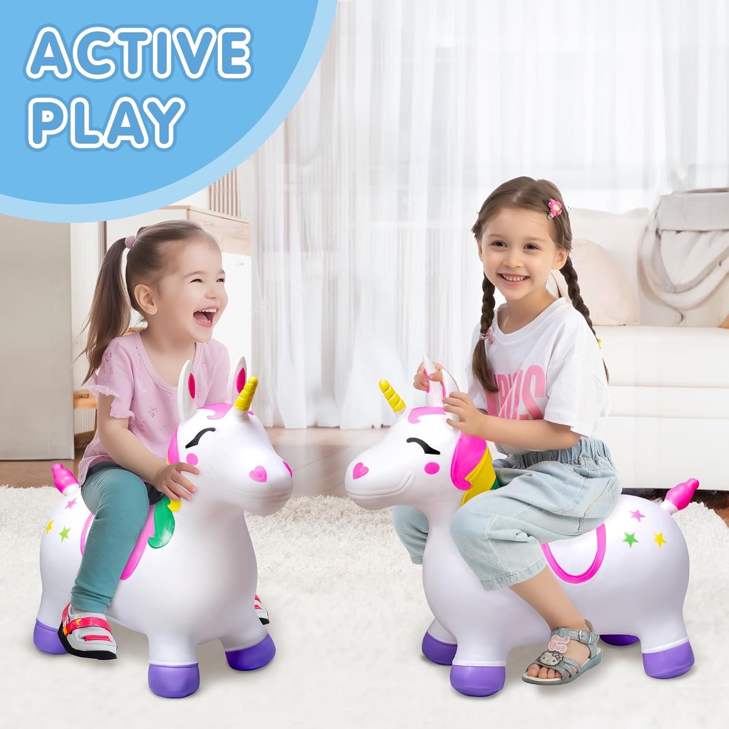 Detalle de JOYIN Kids Unicorn Animal Hopper Bouncy Horse (inflatable ride-on) with hand pump