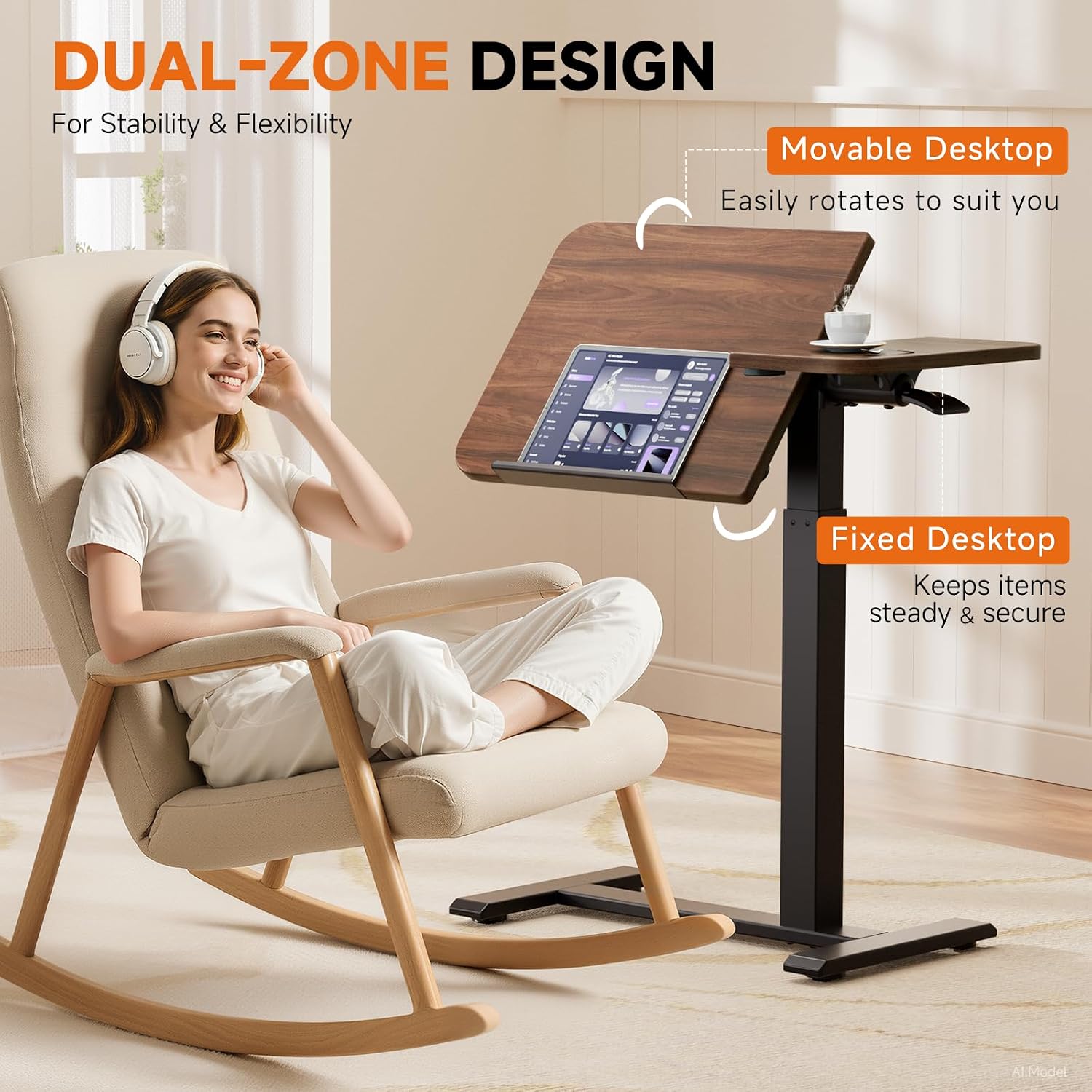 Detalle 2 de COMHOMA LT003-COM Tilting Overbed Desk, Pneumatic Height Adjustment, Walnut