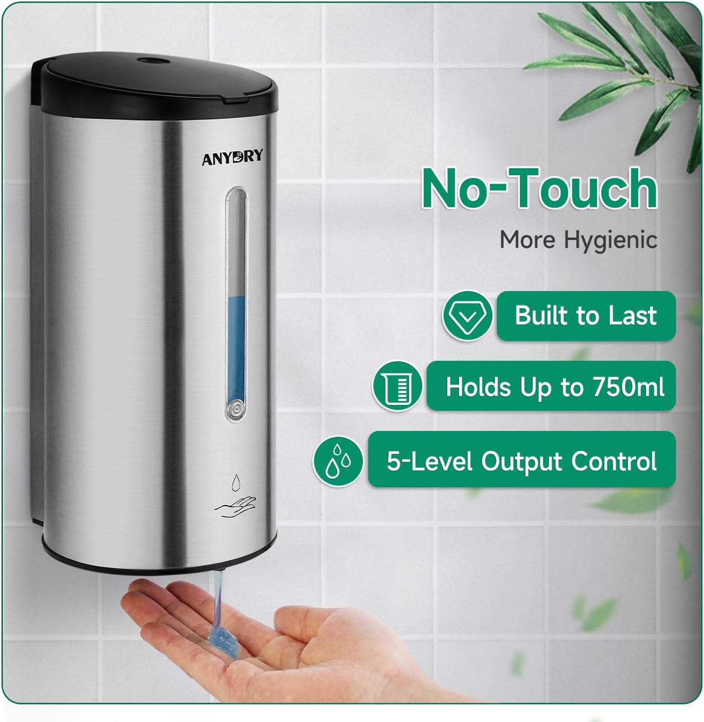 Thumbnail 3 de AnyDry Professional 750ml Automatic Wall-Mounted Soap Dispenser (Brushed Stainless Steel)