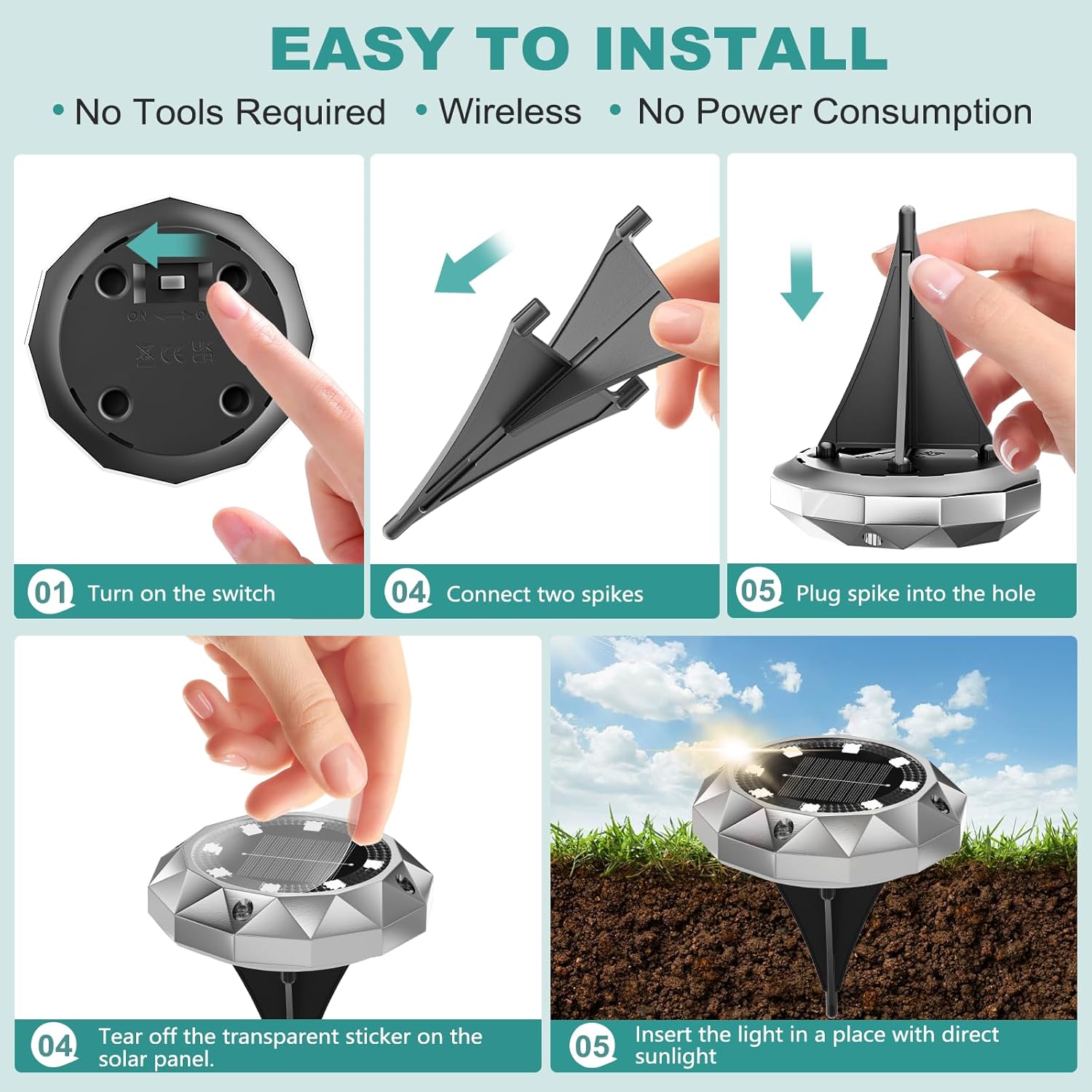 Thumbnail 5 de FIFlying 6 Pack Solar Ground Lights Outdoor: IP65 Diamond LED Garden Path Lighting