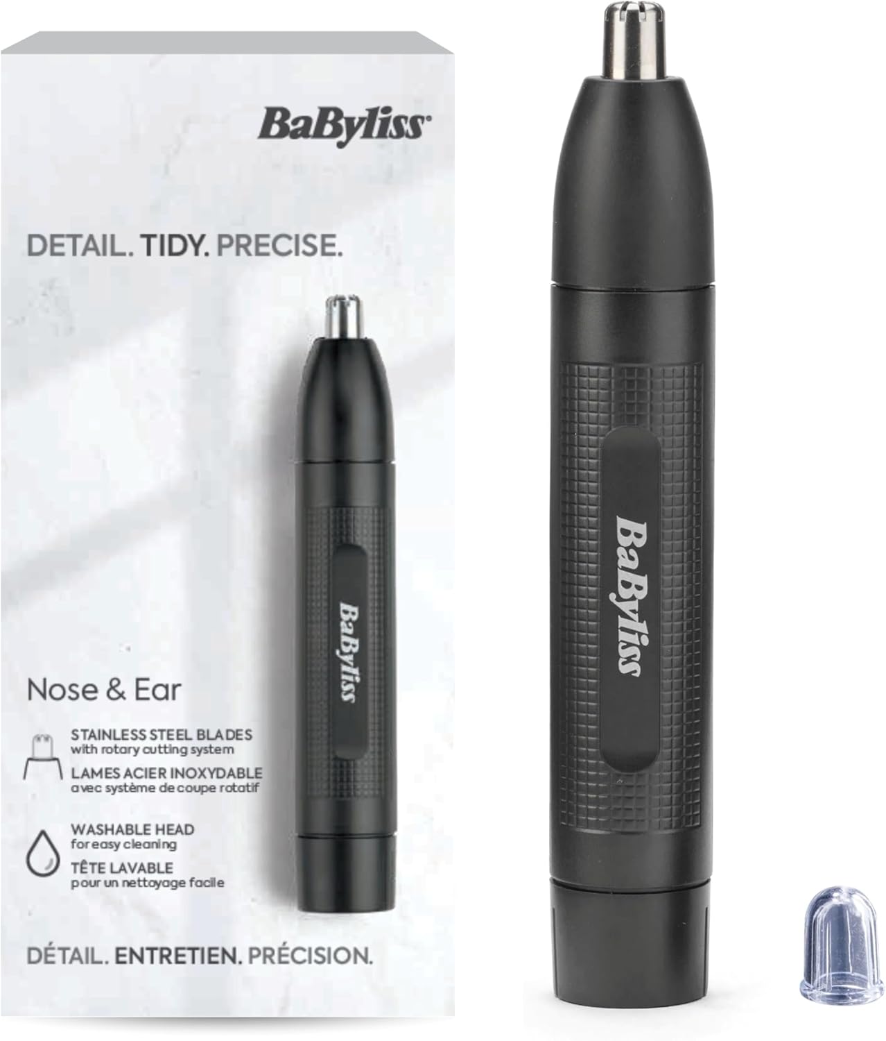 BaByliss Trimmer rifinitore naso/orecchie E650E: lama doppia, batteria e testa rimovibile