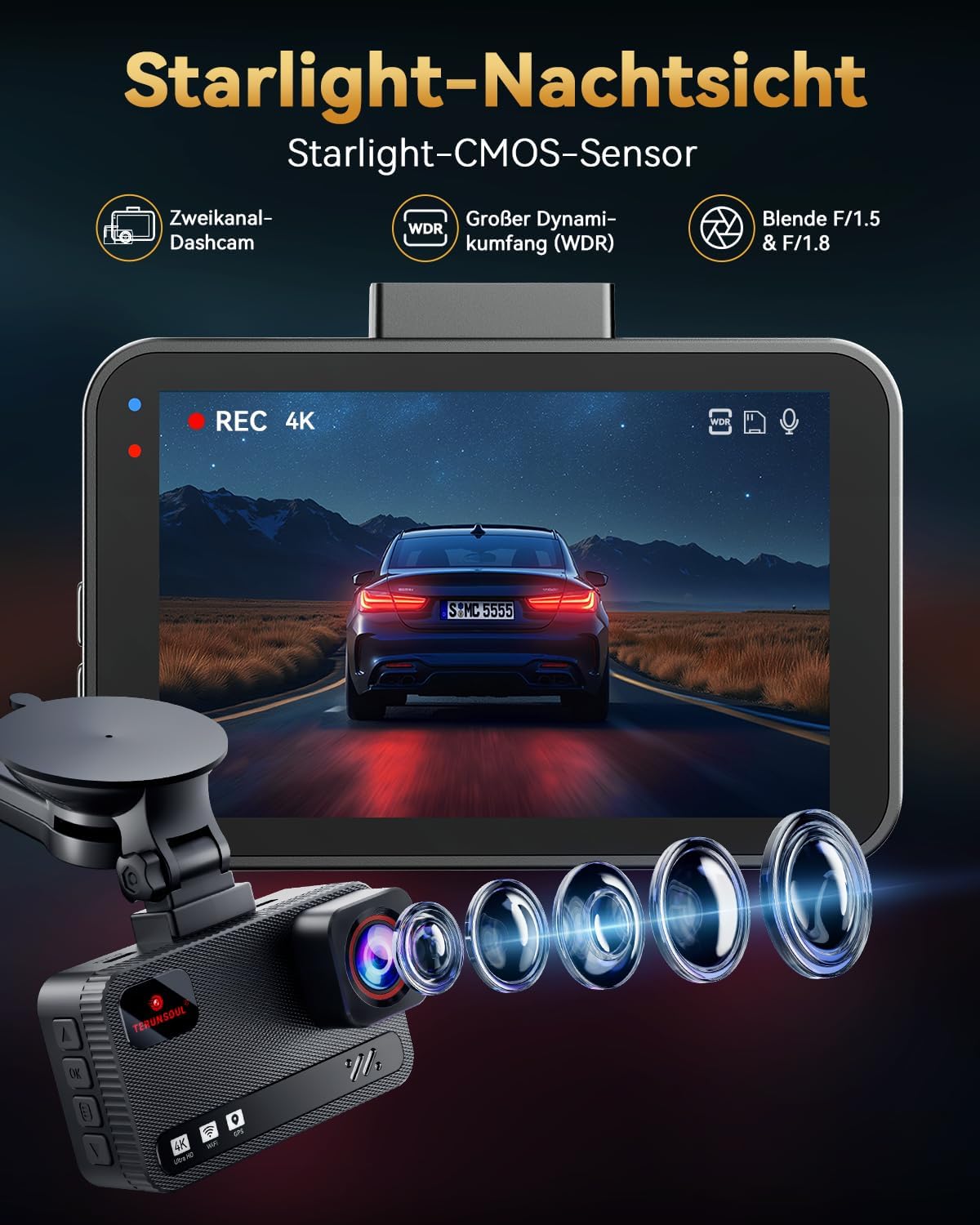 Thumbnail 2 de TERUNSOUl Dashcam Auto 4K+4K mit 128GB, GPS & WLAN – Front & Heckkamera