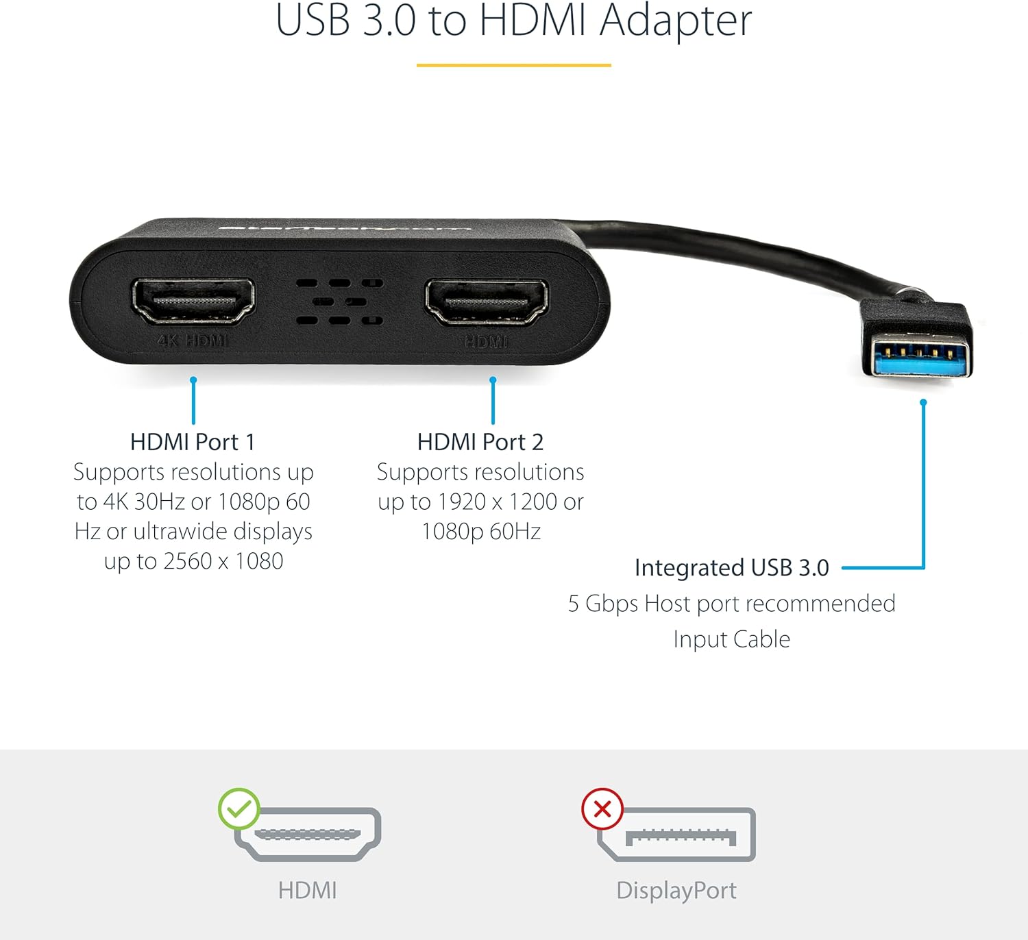 Thumbnail 2 de StarTech USB-A 3.0 to Dual HDMI Adapter for Windows (Dual Monitor USB to 2x HDMI)