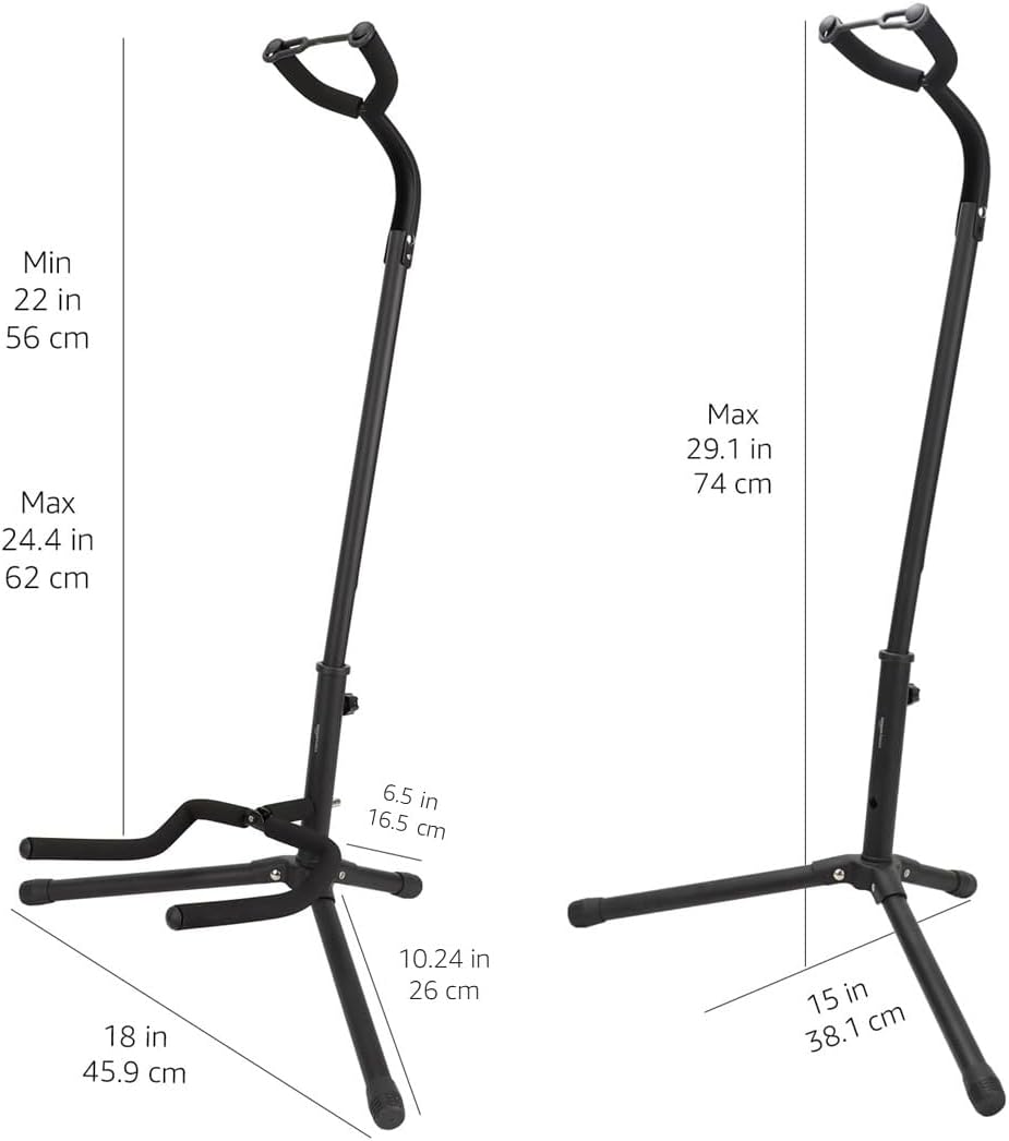 Detalle de Amazon Basics verstellbarer klappbarer Gitarrenständer mit Hals-Halterung für Akustik, E‑Gitarre, Bass, Banjo & 26‑Zoll‑Ukulele