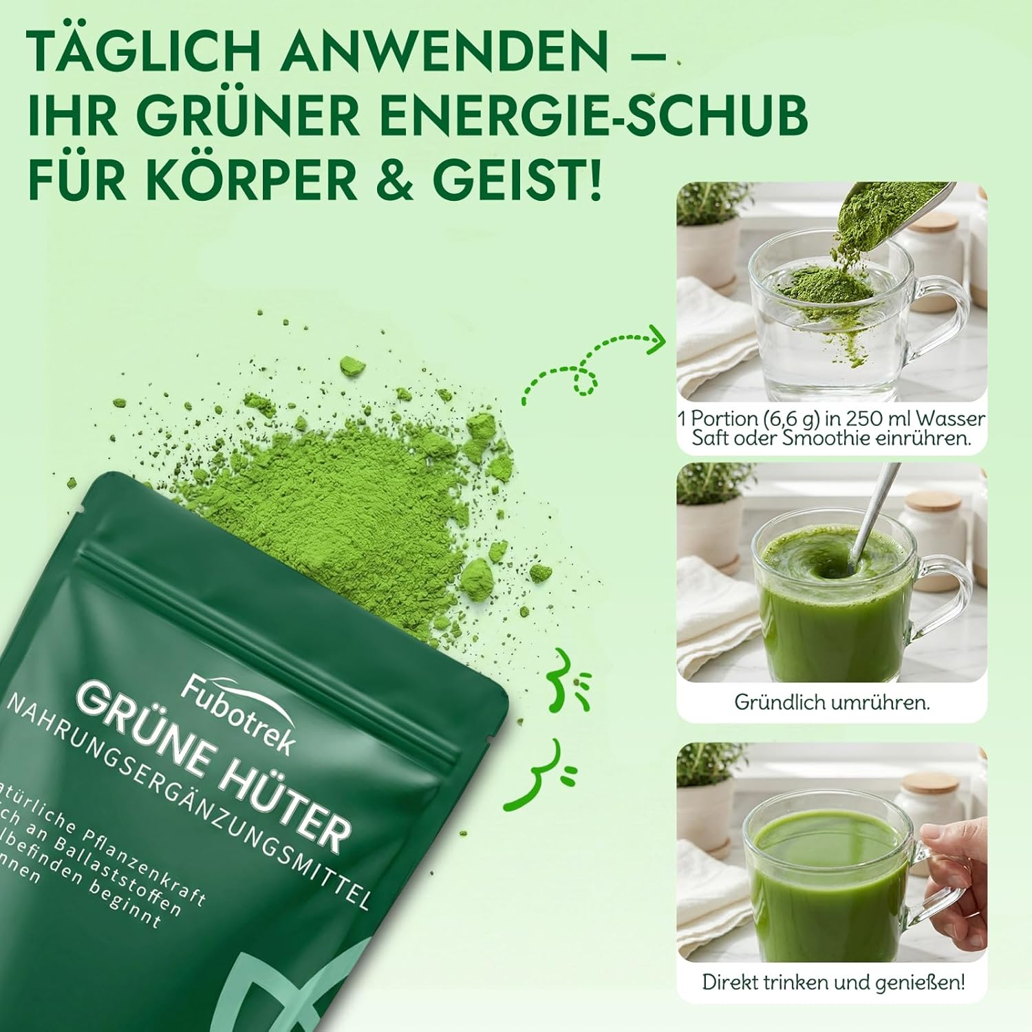 Detalle de Grüner Helper „Grüne Entgiftungspulver“ (200 g) – Superfood-Pulver mit Matcha, Gerstengras, Spirulina & Heidelbeeren, vegan