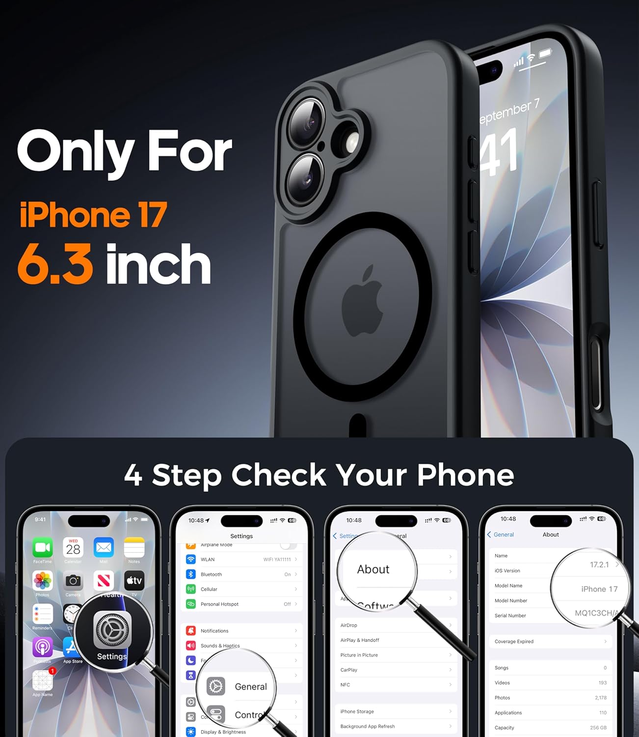 Thumbnail 1 de FLLAO Coque magnétique iPhone 17 6,3" avec 2 verres trempés et protection d’objectif — MagSafe, coque translucide mat anti-choc