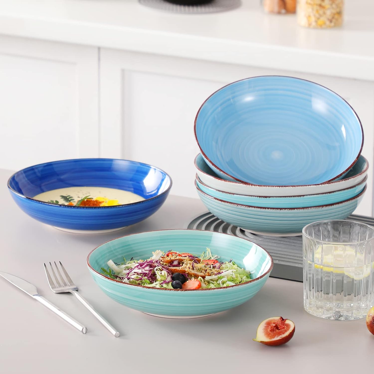 Detalle 2 de vancasso Bonita 38 oz Ceramic Pasta Bowls Set of 6 (Blue) — Microwave & Dishwasher Safe