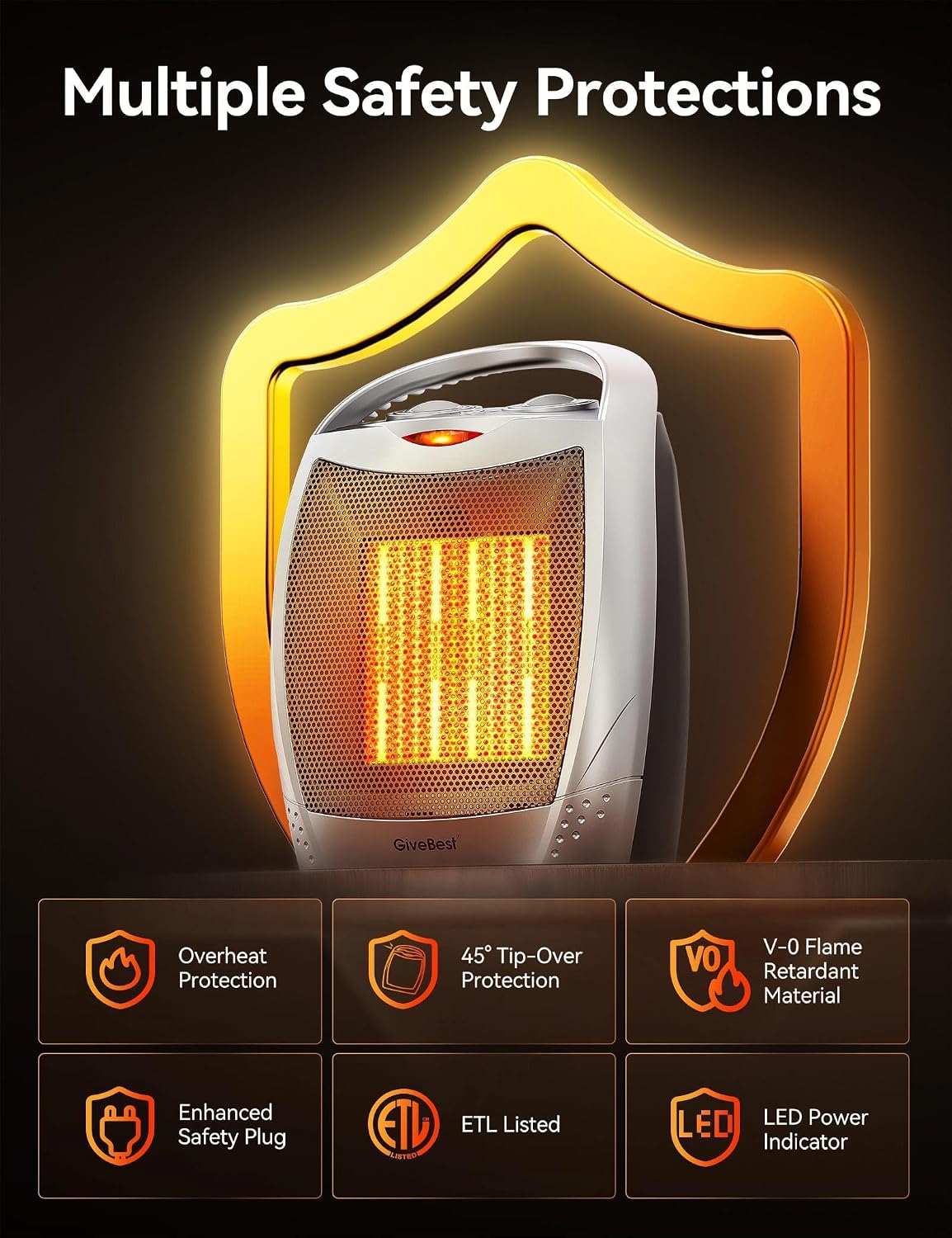 Detalle de GiveBest PTC-905 Portable Space Heater, 1500W/750W, Thermostat & Safety Shutoffs